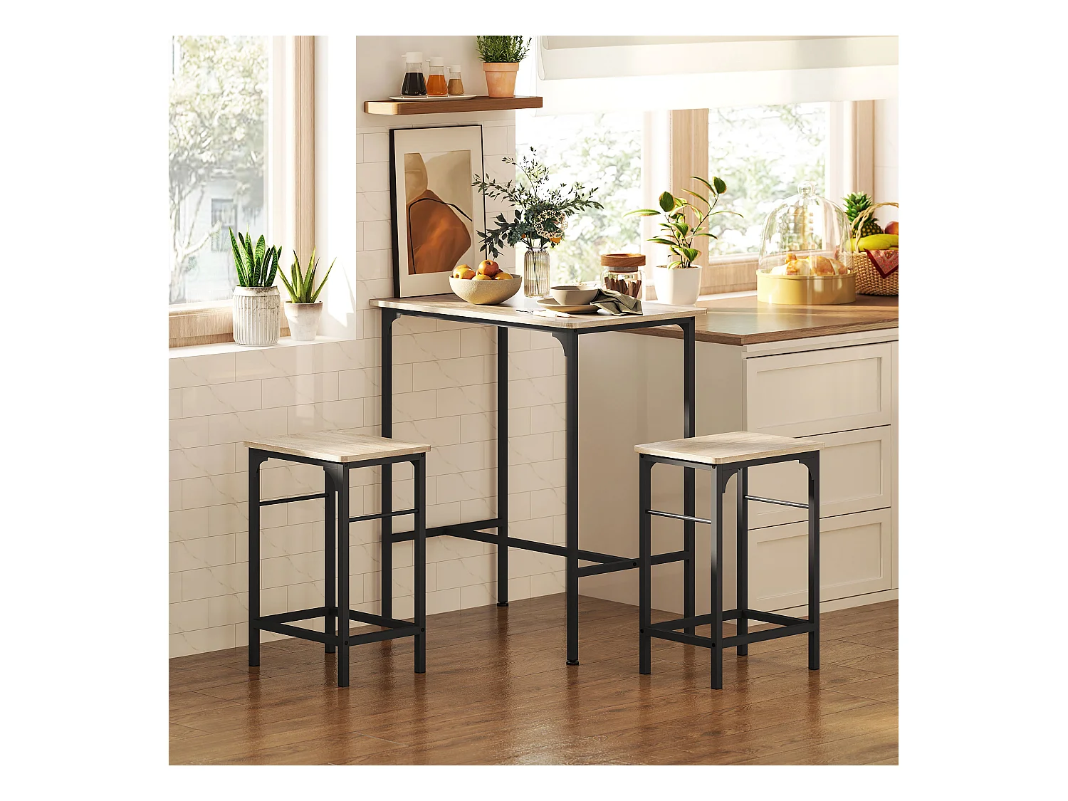 Arredamento bar 3 pz con tavolo cucina e 2 sgabelli da bar nero legno