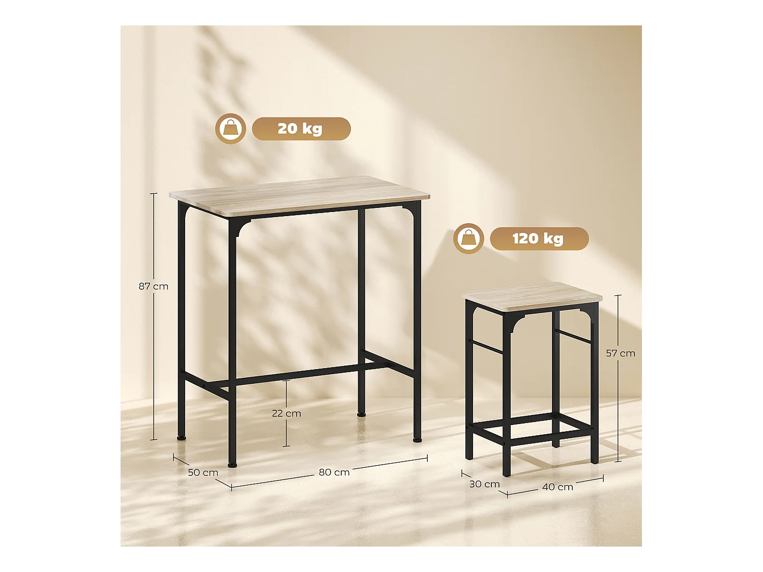 Arredamento bar 3 pz con tavolo cucina e 2 sgabelli da bar nero legno