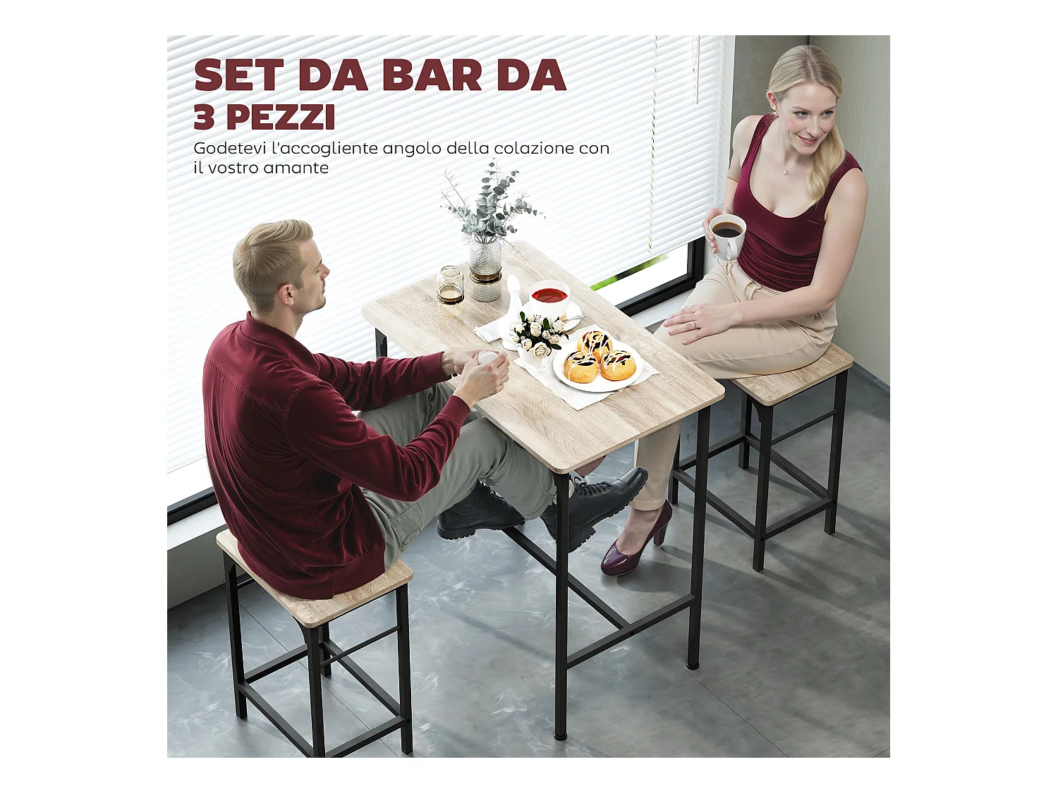 Arredamento bar 3 pz con tavolo cucina e 2 sgabelli da bar nero legno