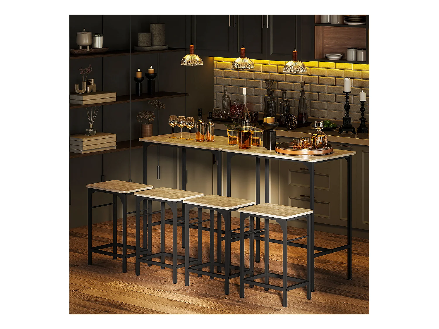 Arredamento bar 3 pz con tavolo cucina e 2 sgabelli da bar nero legno