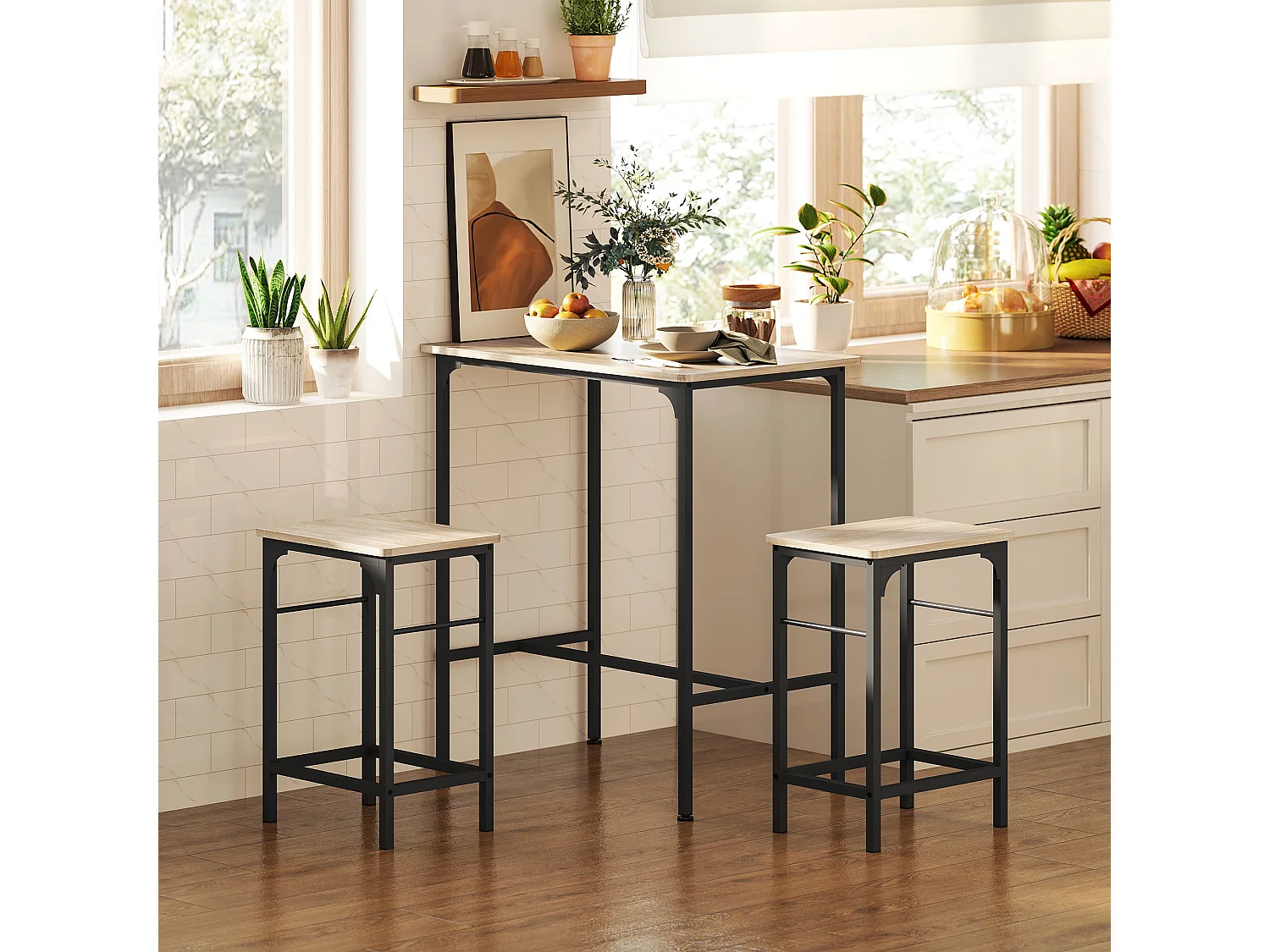 Arredamento bar 3 pz con tavolo cucina e 2 sgabelli da bar nero legno