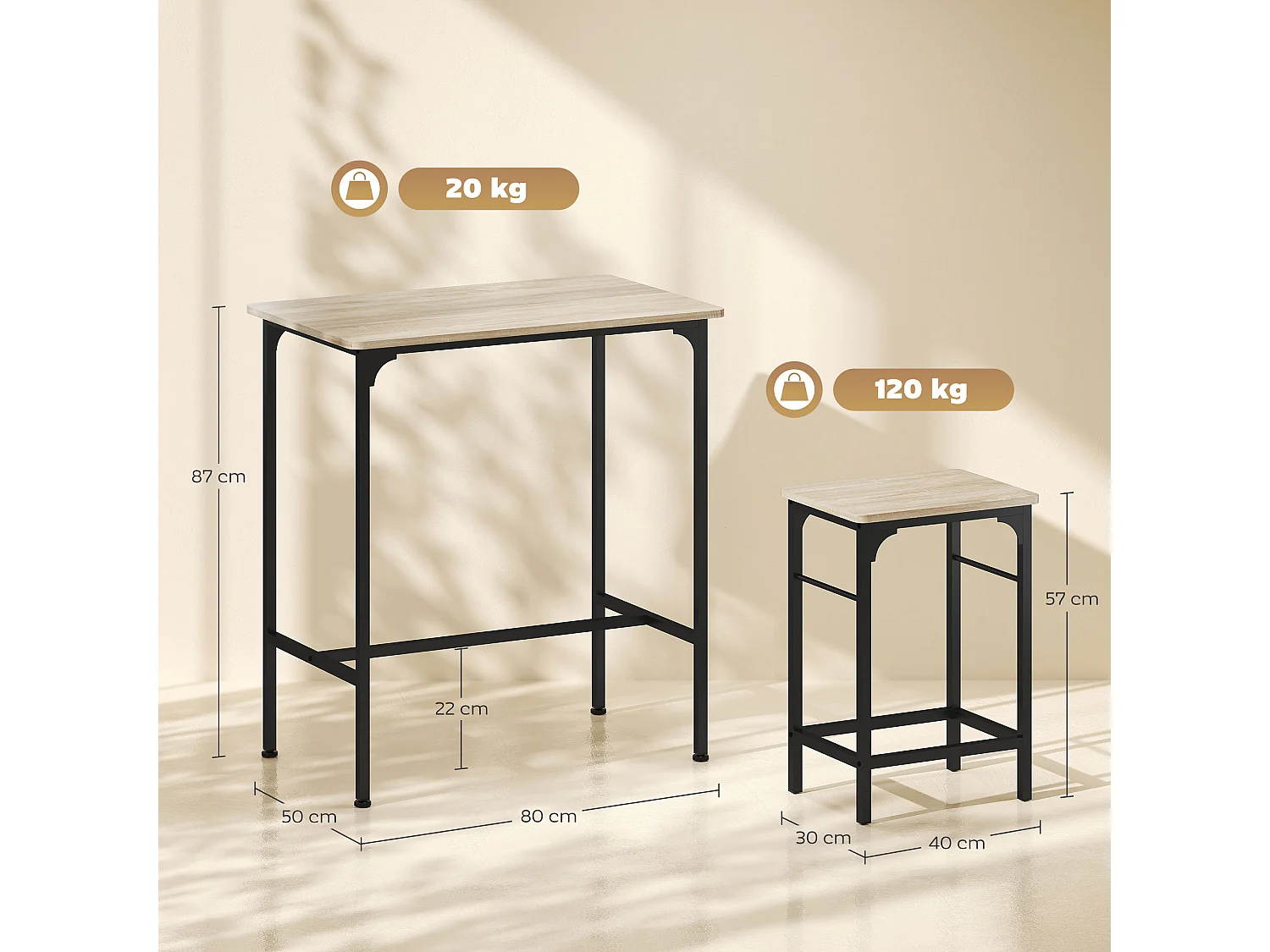 Arredamento bar 3 pz con tavolo cucina e 2 sgabelli da bar nero legno