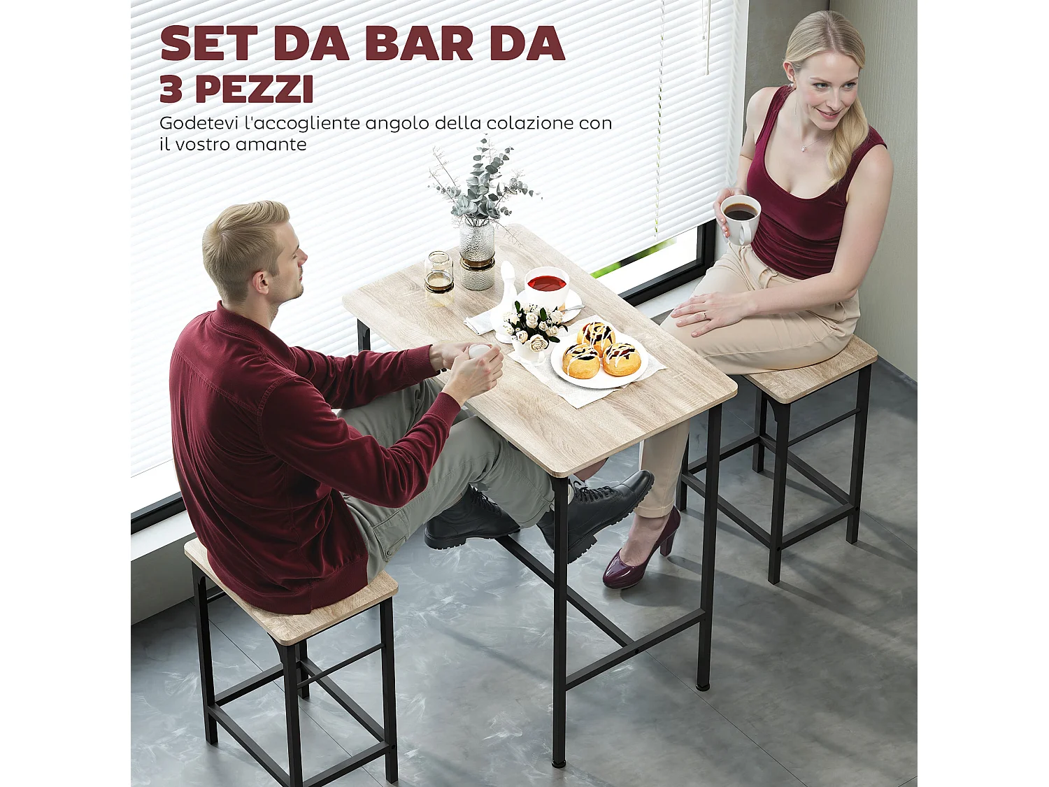 Arredamento bar 3 pz con tavolo cucina e 2 sgabelli da bar nero legno