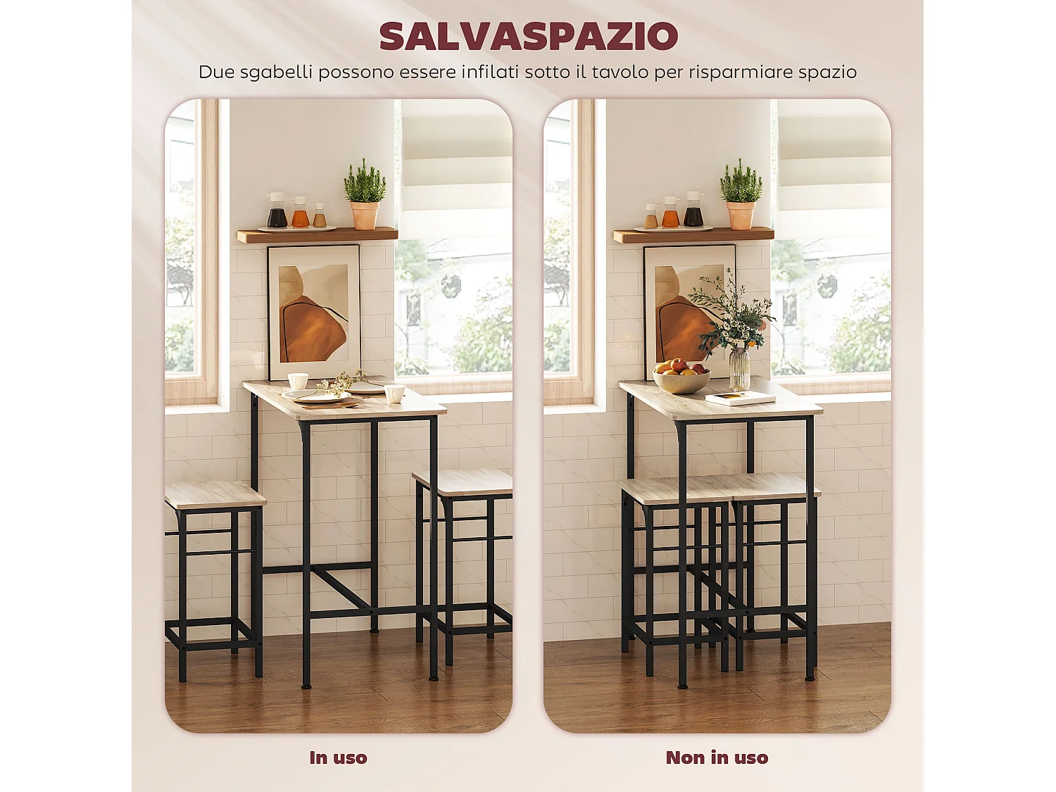 Arredamento bar 3 pz con tavolo cucina e 2 sgabelli da bar nero legno