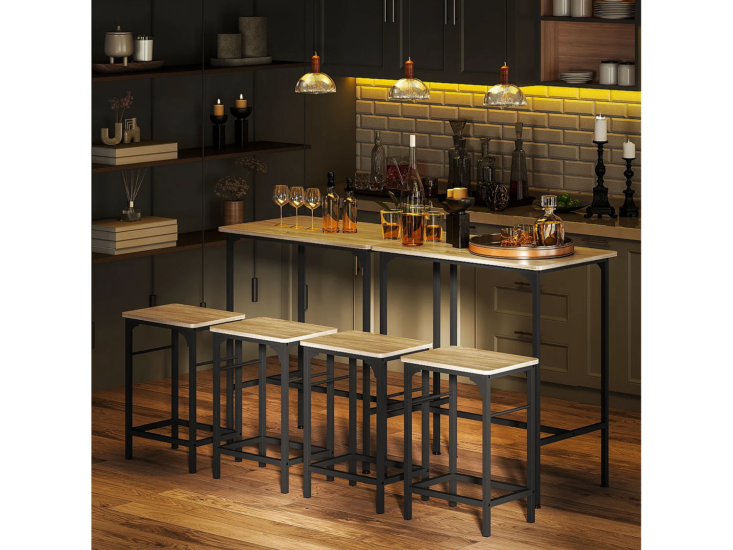 Arredamento bar 3 pz con tavolo cucina e 2 sgabelli da bar nero legno