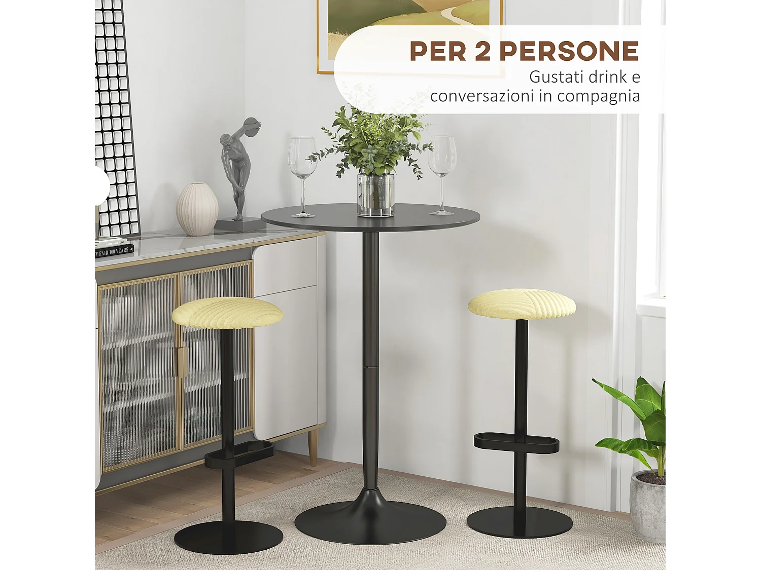 Tavolo alto da bar rotondo moderno in acciaio e mdf nero