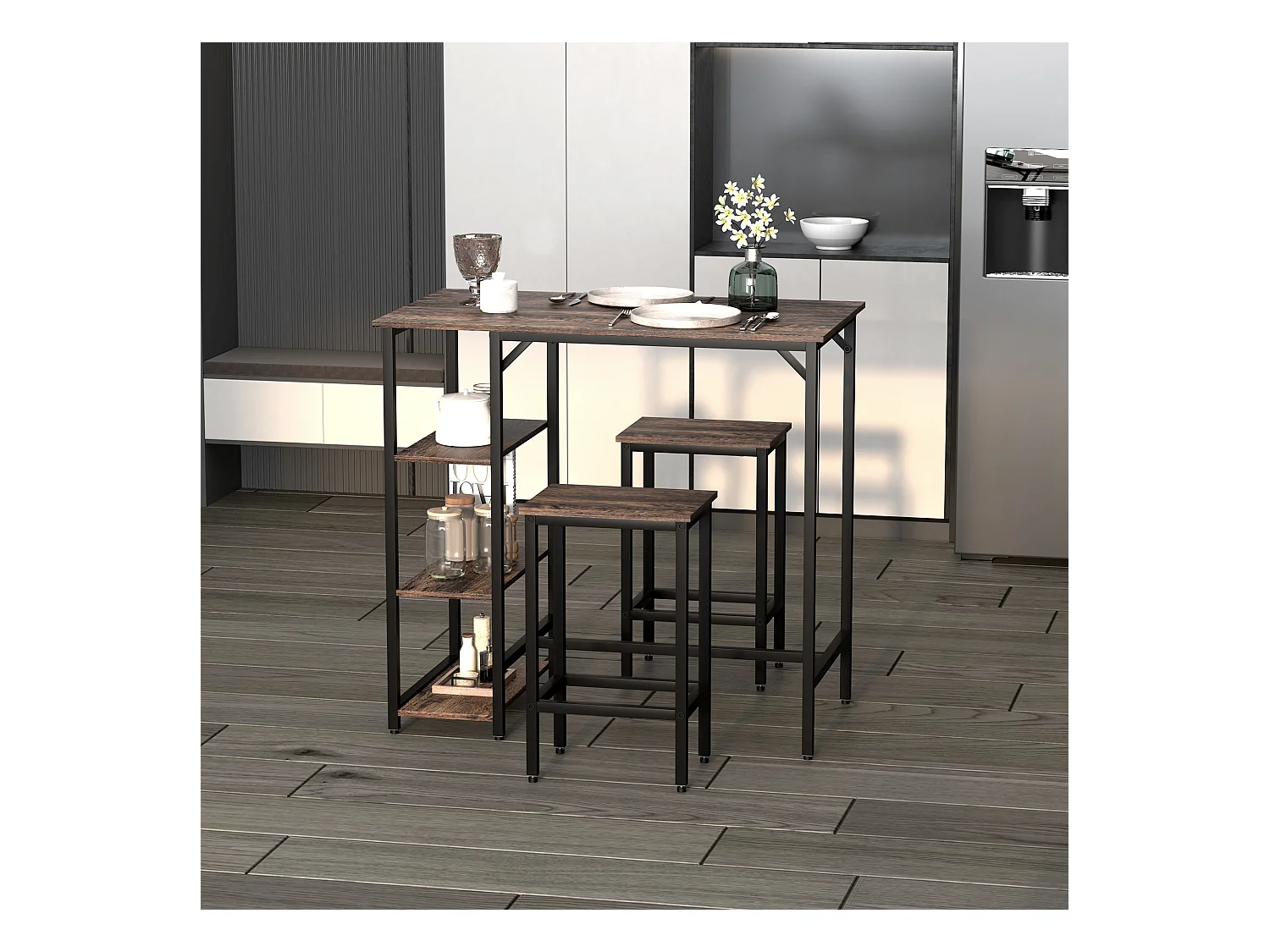 Set tavolo alto con 2 sgabelli e scaffale in metallo e legno marrone