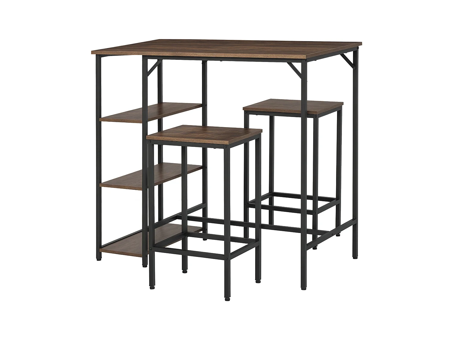 Set tavolo alto con 2 sgabelli e scaffale in metallo e legno marrone
