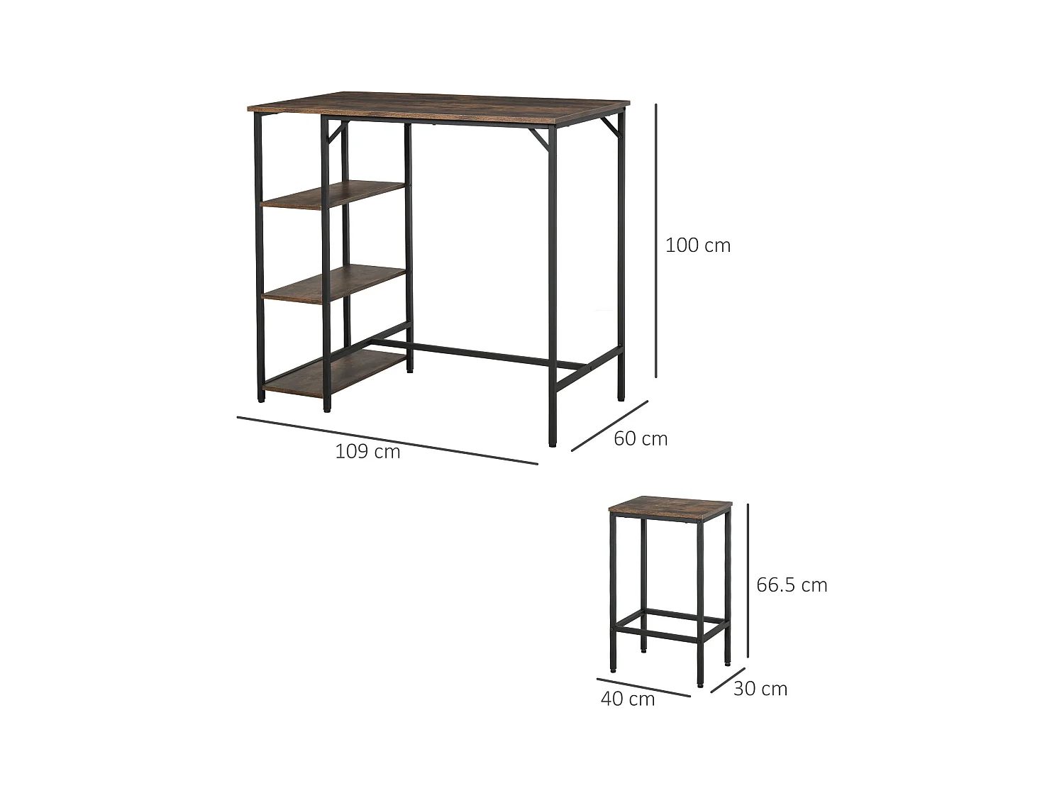 Set tavolo alto con 2 sgabelli e scaffale in metallo e legno marrone