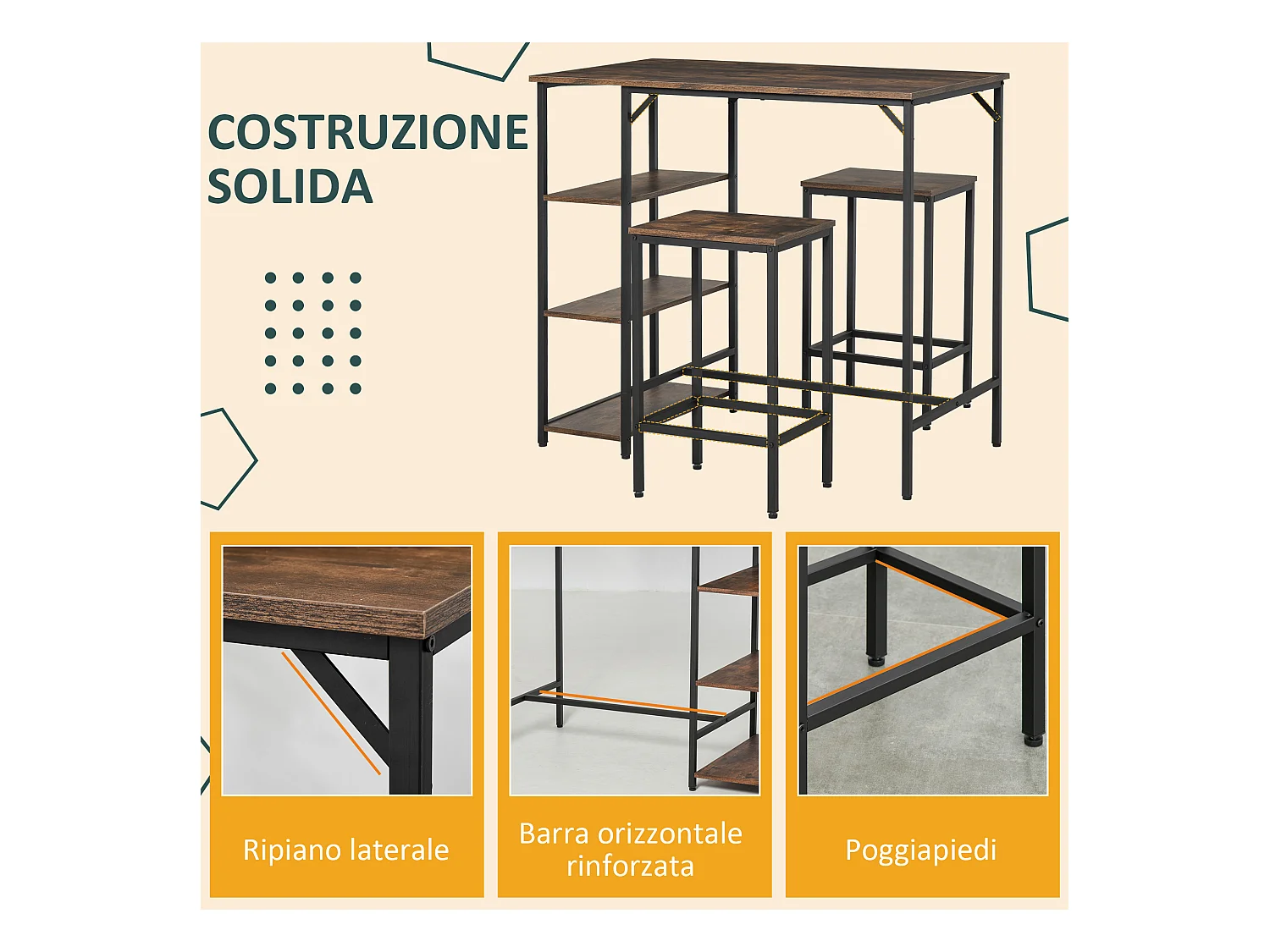Set tavolo alto con 2 sgabelli e scaffale in metallo e legno marrone