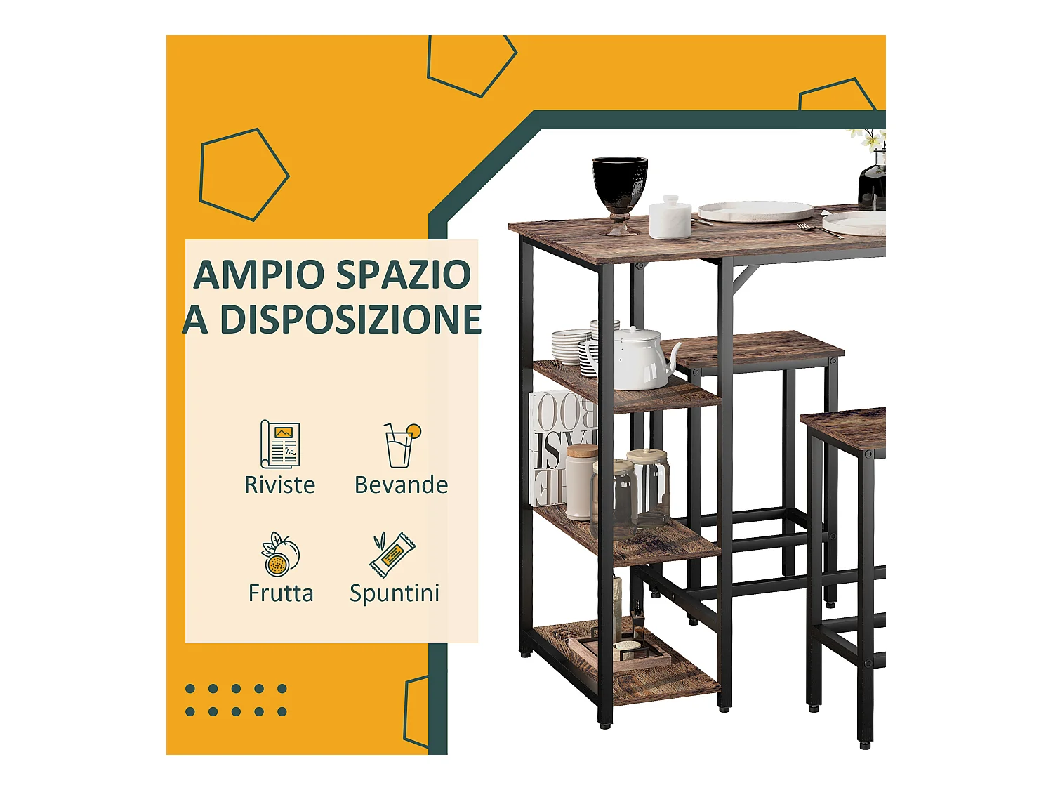 Set tavolo alto con 2 sgabelli e scaffale in metallo e legno marrone