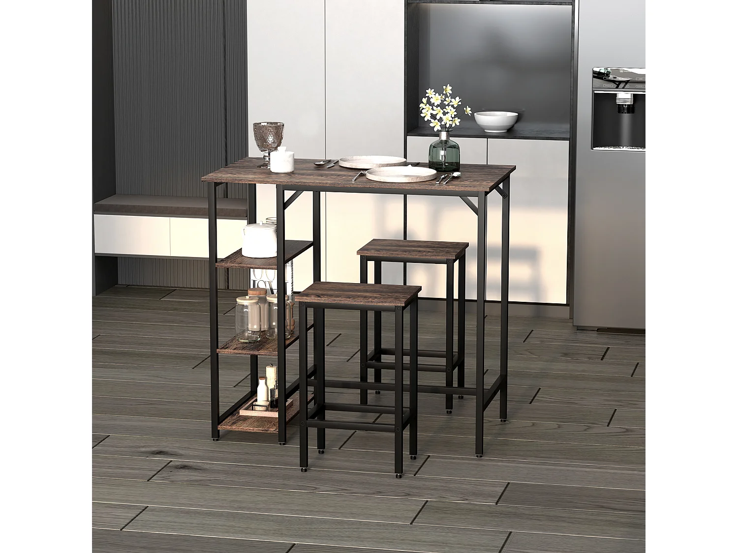 Set tavolo alto con 2 sgabelli e scaffale in metallo e legno marrone