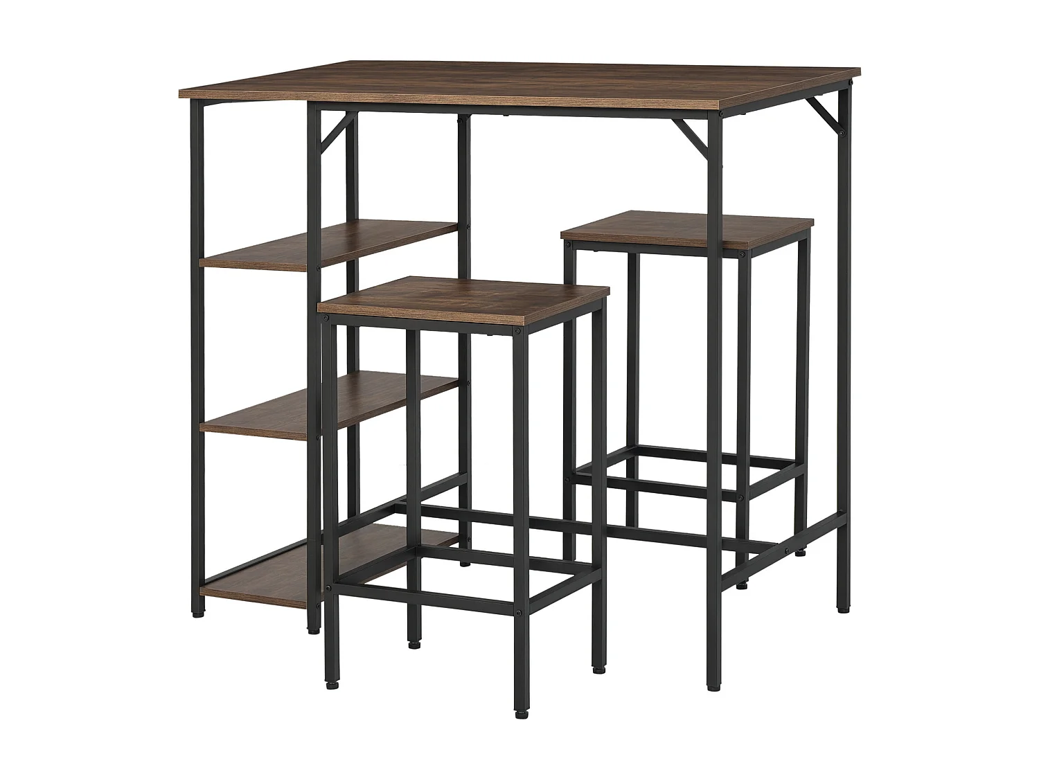 Set tavolo alto con 2 sgabelli e scaffale in metallo e legno marrone
