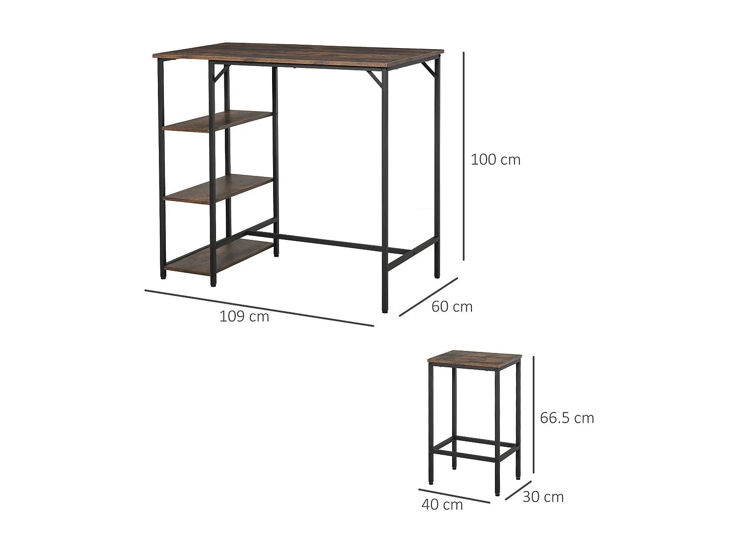 Set tavolo alto con 2 sgabelli e scaffale in metallo e legno marrone