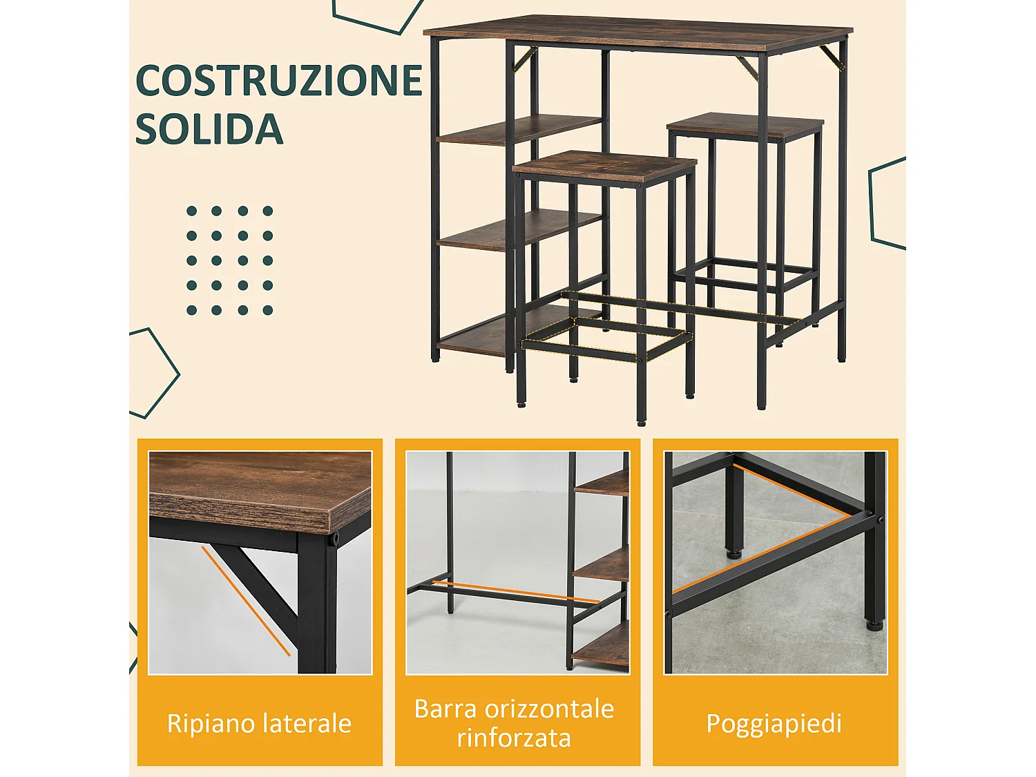 Set tavolo alto con 2 sgabelli e scaffale in metallo e legno marrone