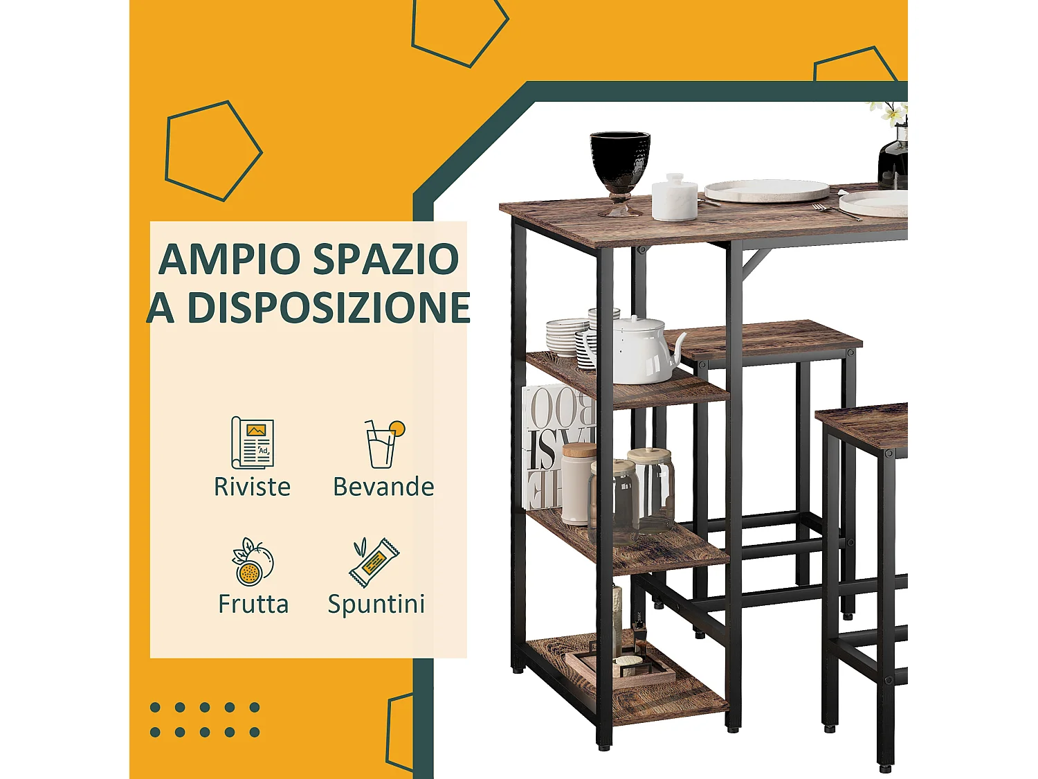 Set tavolo alto con 2 sgabelli e scaffale in metallo e legno marrone