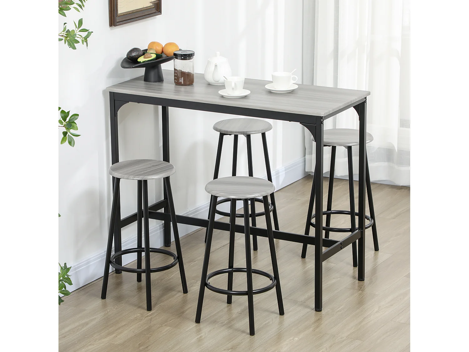 Set da pranzo 5 pz con bancone da bar e sgabelli abbinati grigio e ero