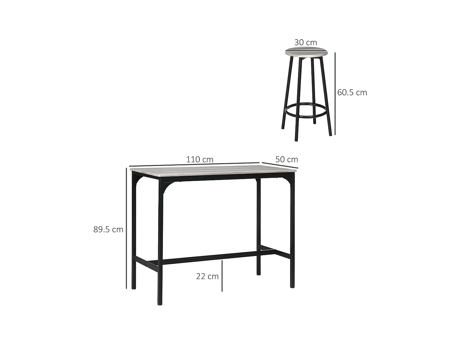 Set da pranzo 5 pz con bancone da bar e sgabelli abbinati grigio e ero