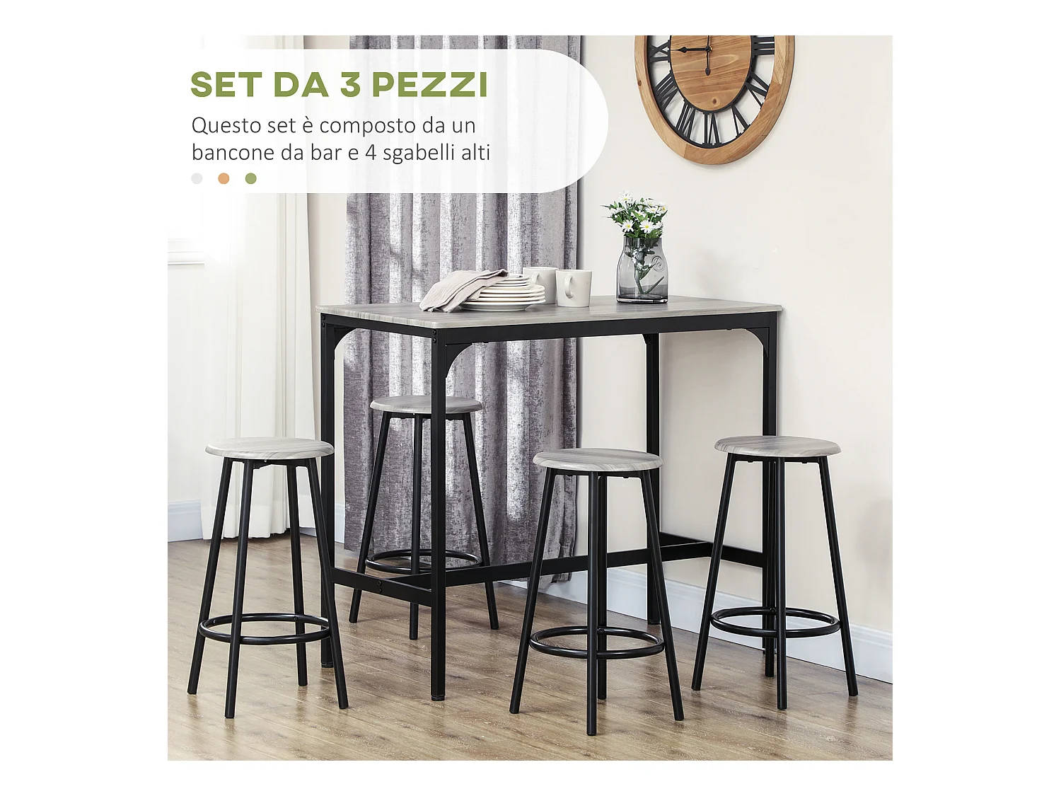 Set da pranzo 5 pz con bancone da bar e sgabelli abbinati grigio e ero