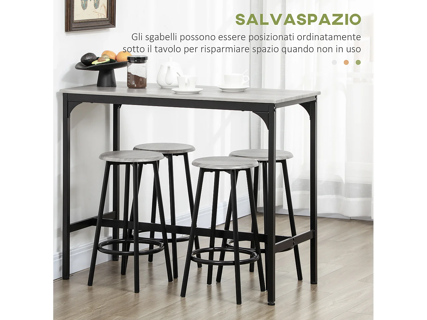 Set da pranzo 5 pz con bancone da bar e sgabelli abbinati grigio e ero