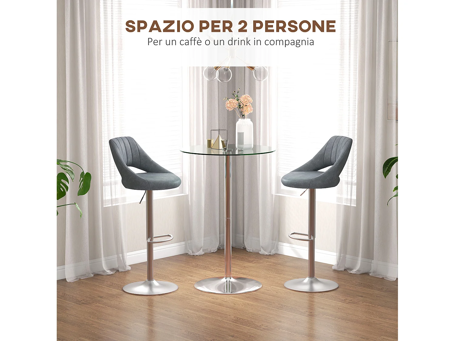 Tavolo alto da bar rotondo moderno in acciaio e vetro trasparente