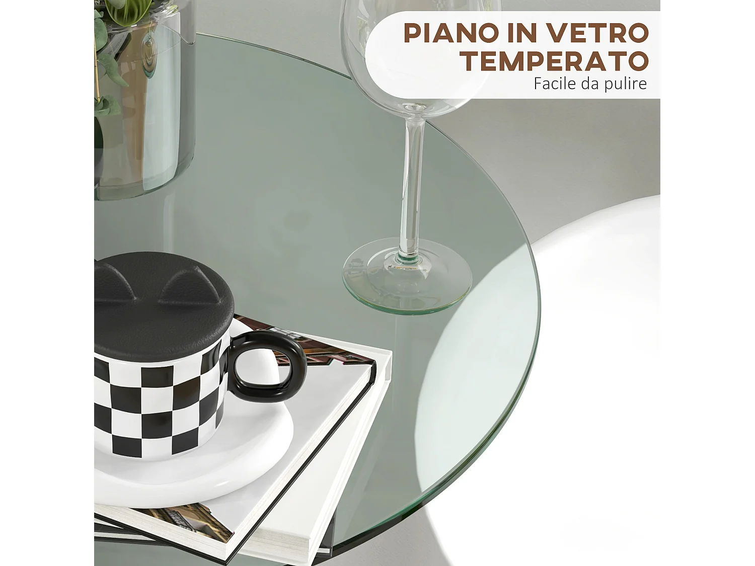 Tavolo alto da bar rotondo moderno in acciaio e vetro trasparente