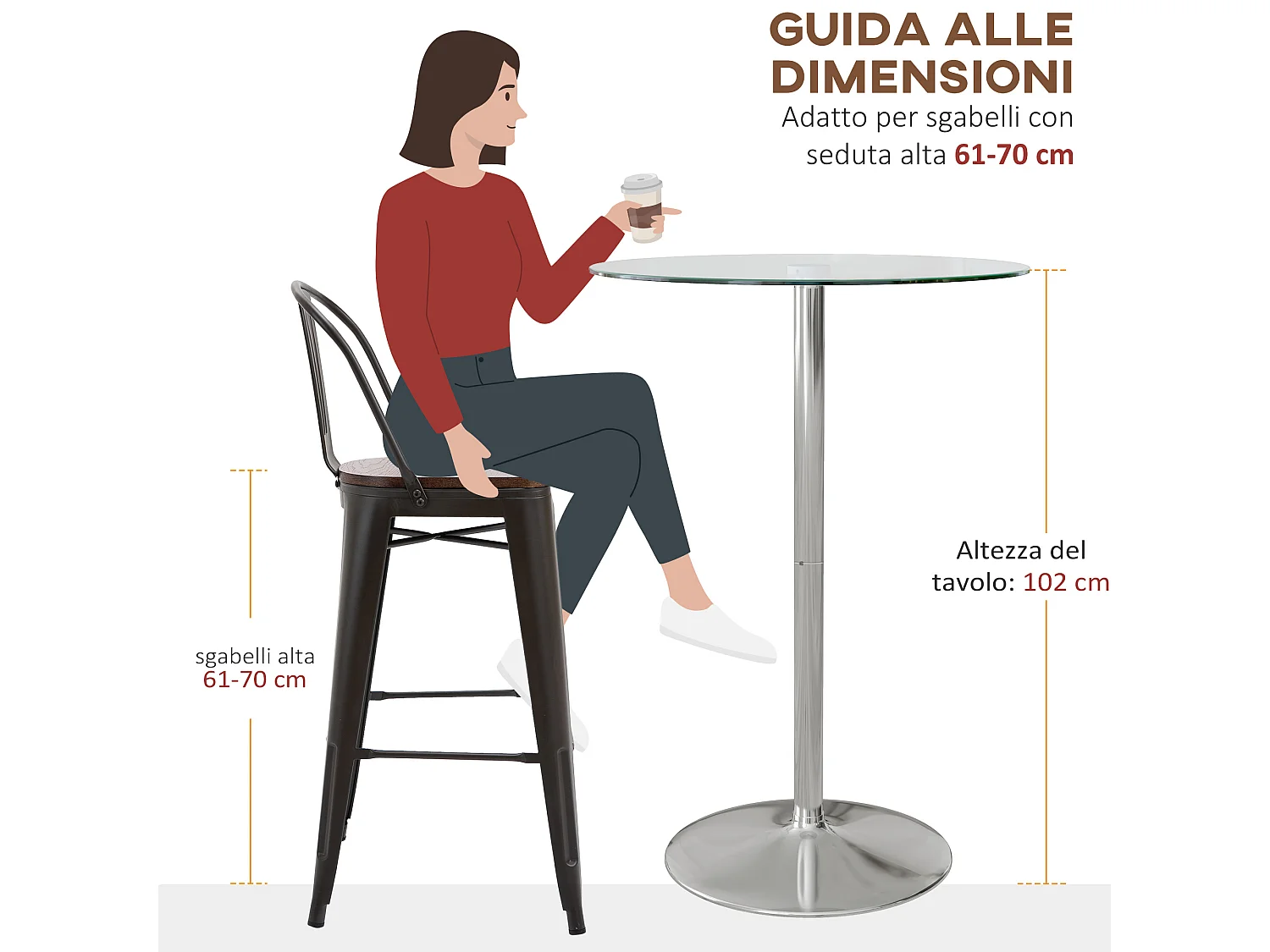 Tavolo alto da bar rotondo moderno in acciaio e vetro trasparente