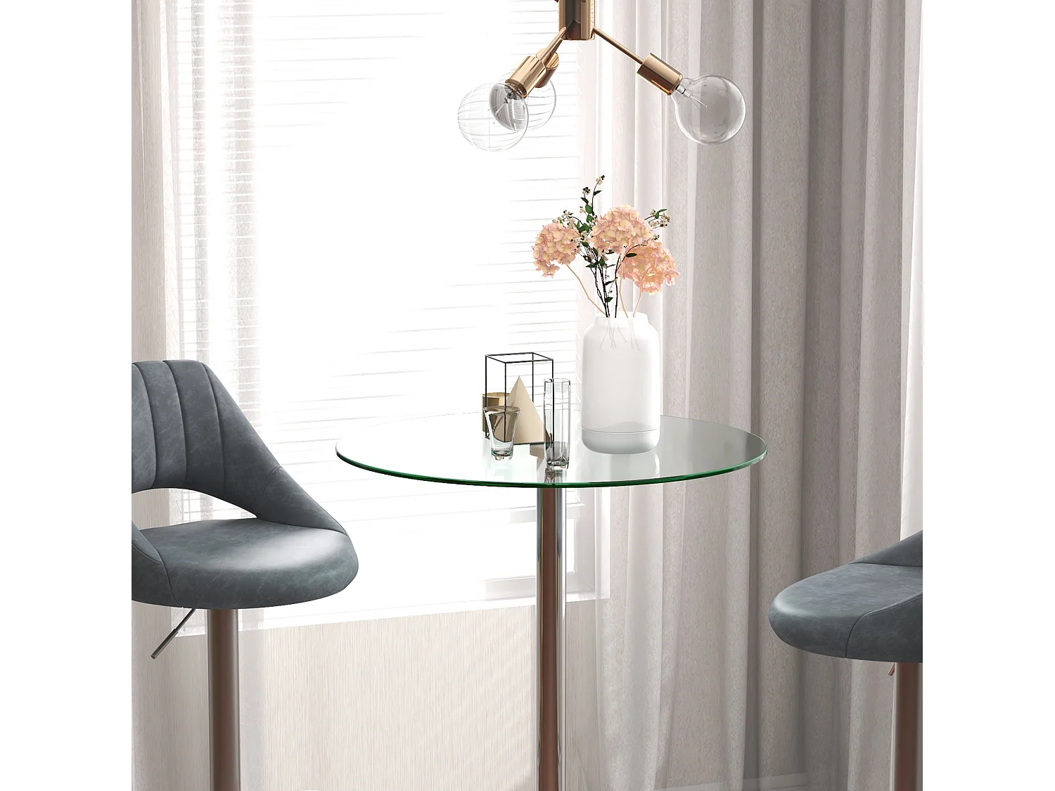 Tavolo alto da bar rotondo moderno in acciaio e vetro trasparente