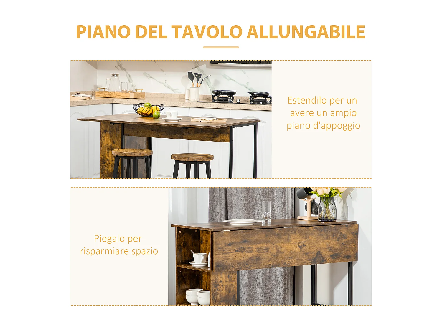 Bancone bar pieghevole con scaffale a 3 ripiani legno e acciaio