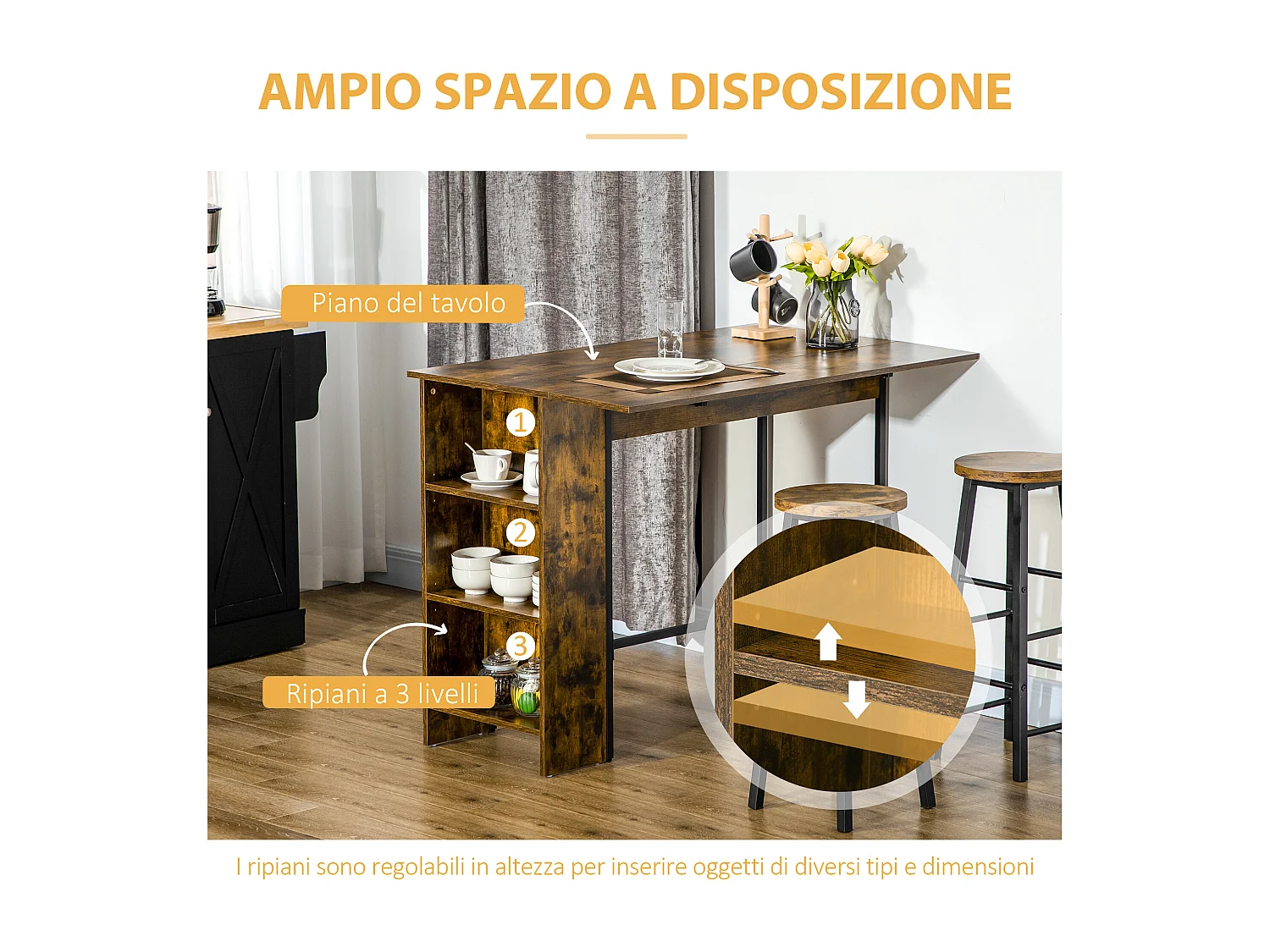 Bancone bar pieghevole con scaffale a 3 ripiani legno e acciaio