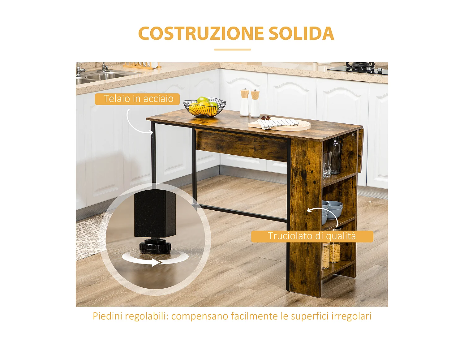 Bancone bar pieghevole con scaffale a 3 ripiani legno e acciaio