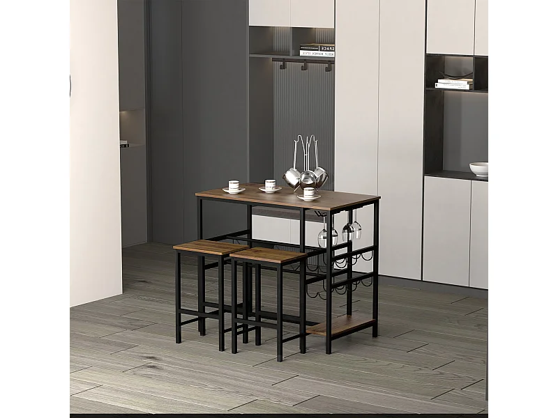 Set tavolo con 2 sgabelli da bar con portabottiglie e portabicchieri