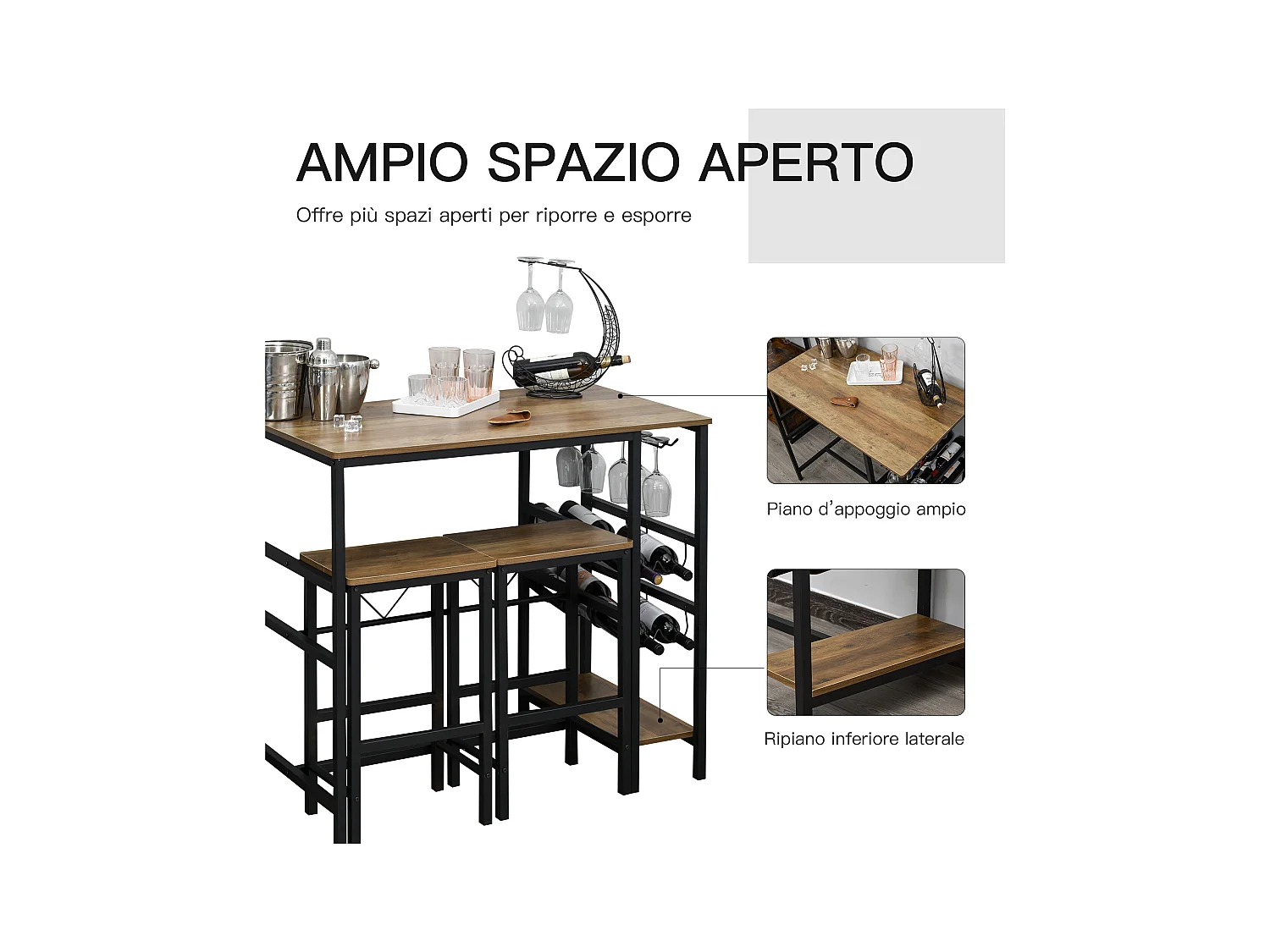 Set tavolo con 2 sgabelli da bar con portabottiglie e portabicchieri