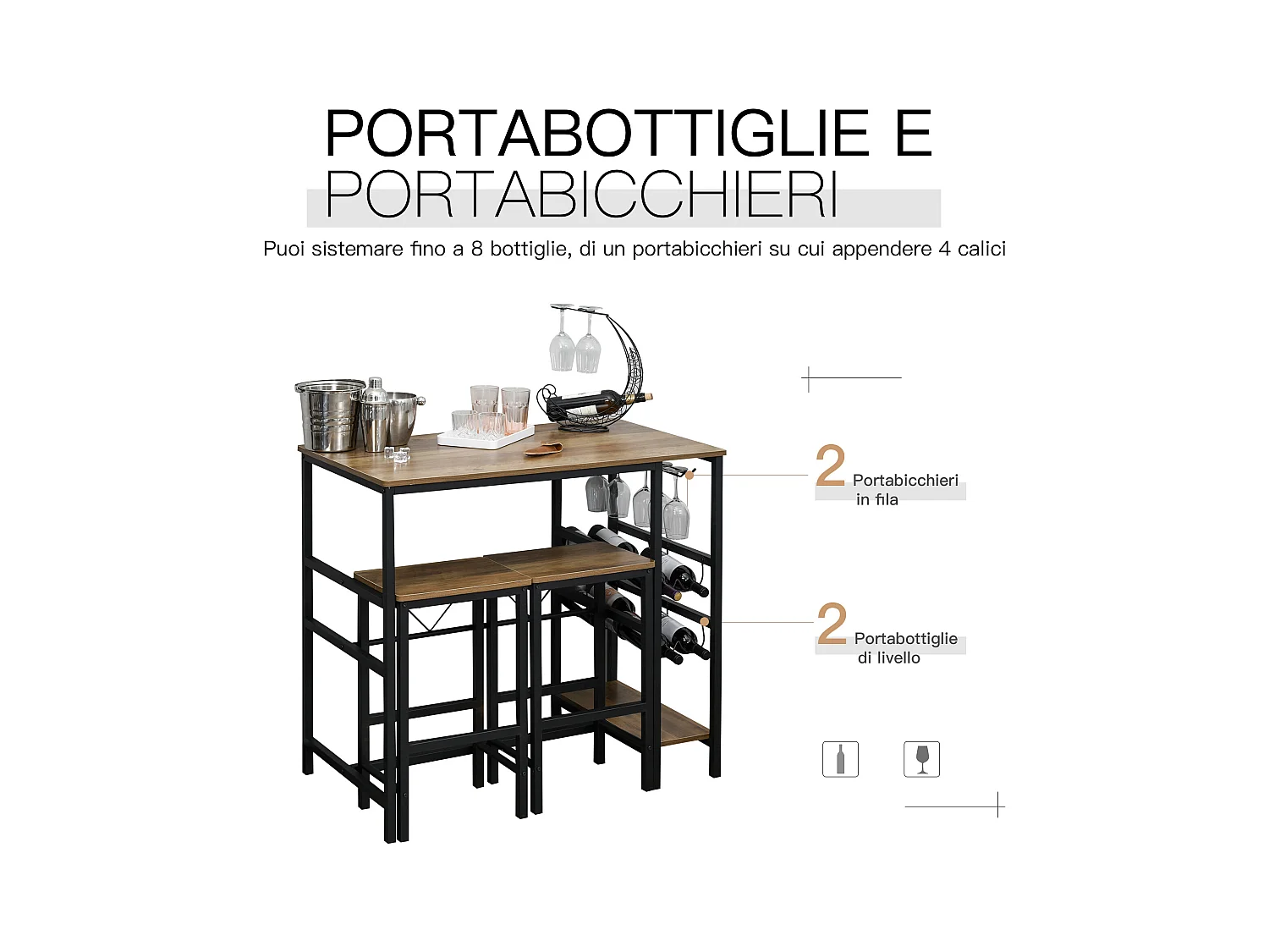 Set tavolo con 2 sgabelli da bar con portabottiglie e portabicchieri
