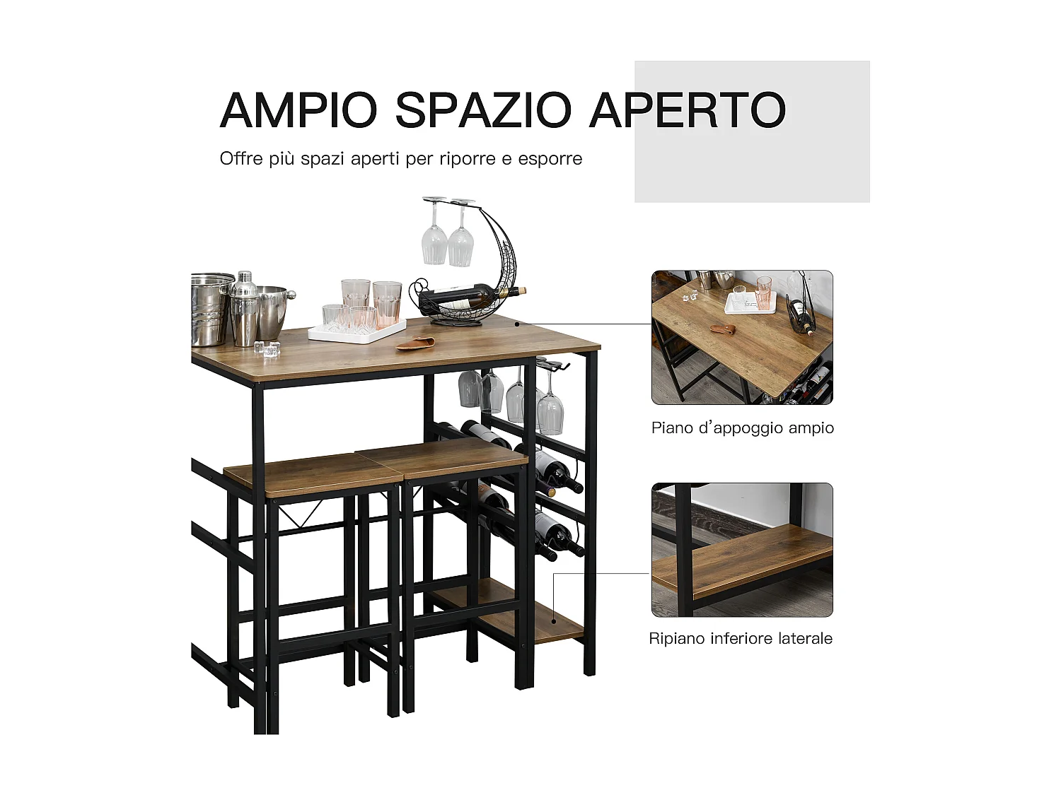 Set tavolo con 2 sgabelli da bar con portabottiglie e portabicchieri