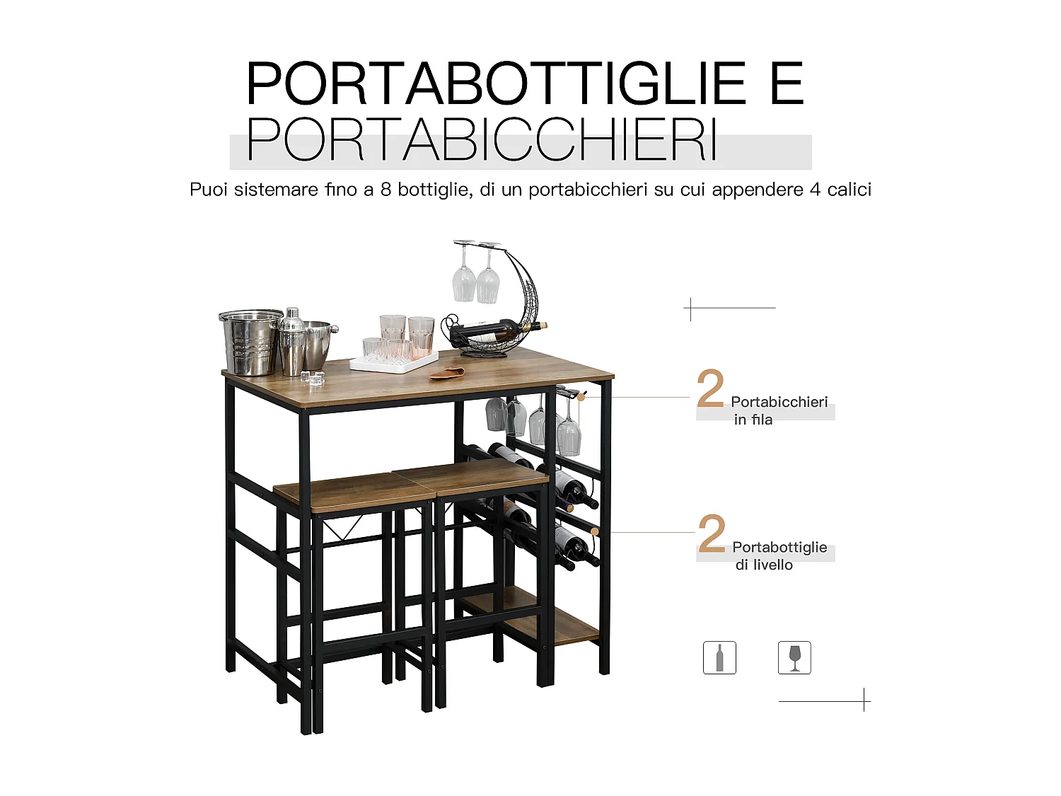 Set tavolo con 2 sgabelli da bar con portabottiglie e portabicchieri