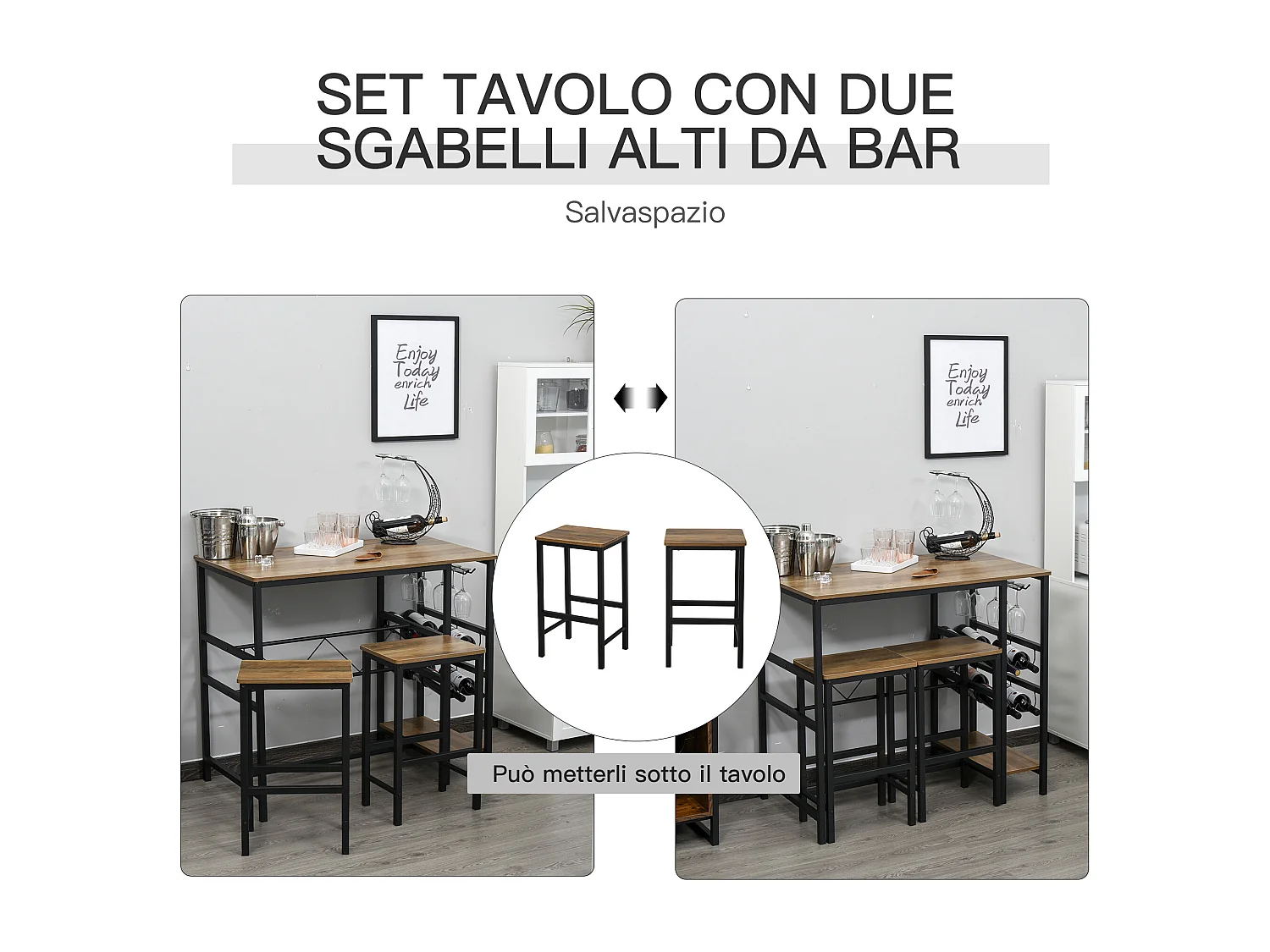 Set tavolo con 2 sgabelli da bar con portabottiglie e portabicchieri