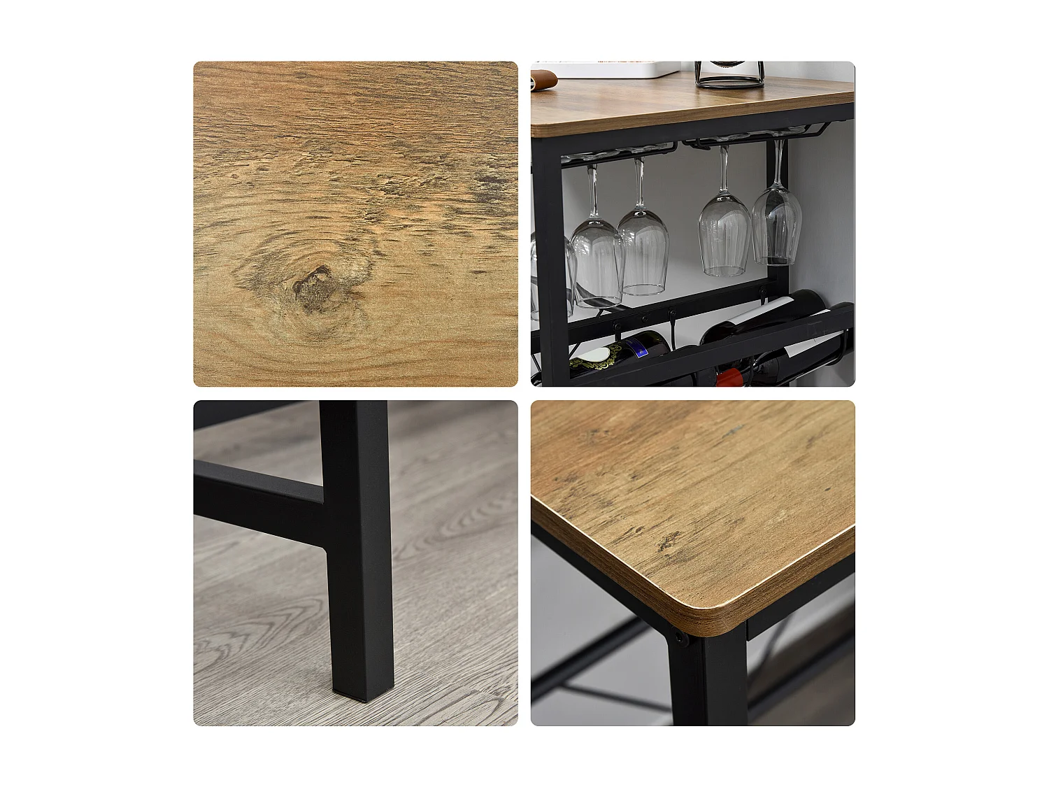 Set tavolo con 2 sgabelli da bar con portabottiglie e portabicchieri