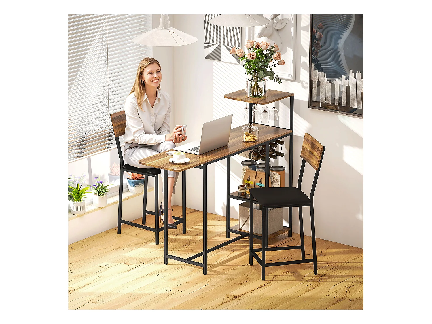 Set bancone bar pieghevole e 2 sgabelli con portavini e portacalici