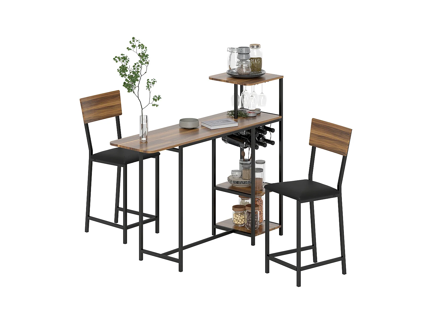 Set bancone bar pieghevole e 2 sgabelli con portavini e portacalici