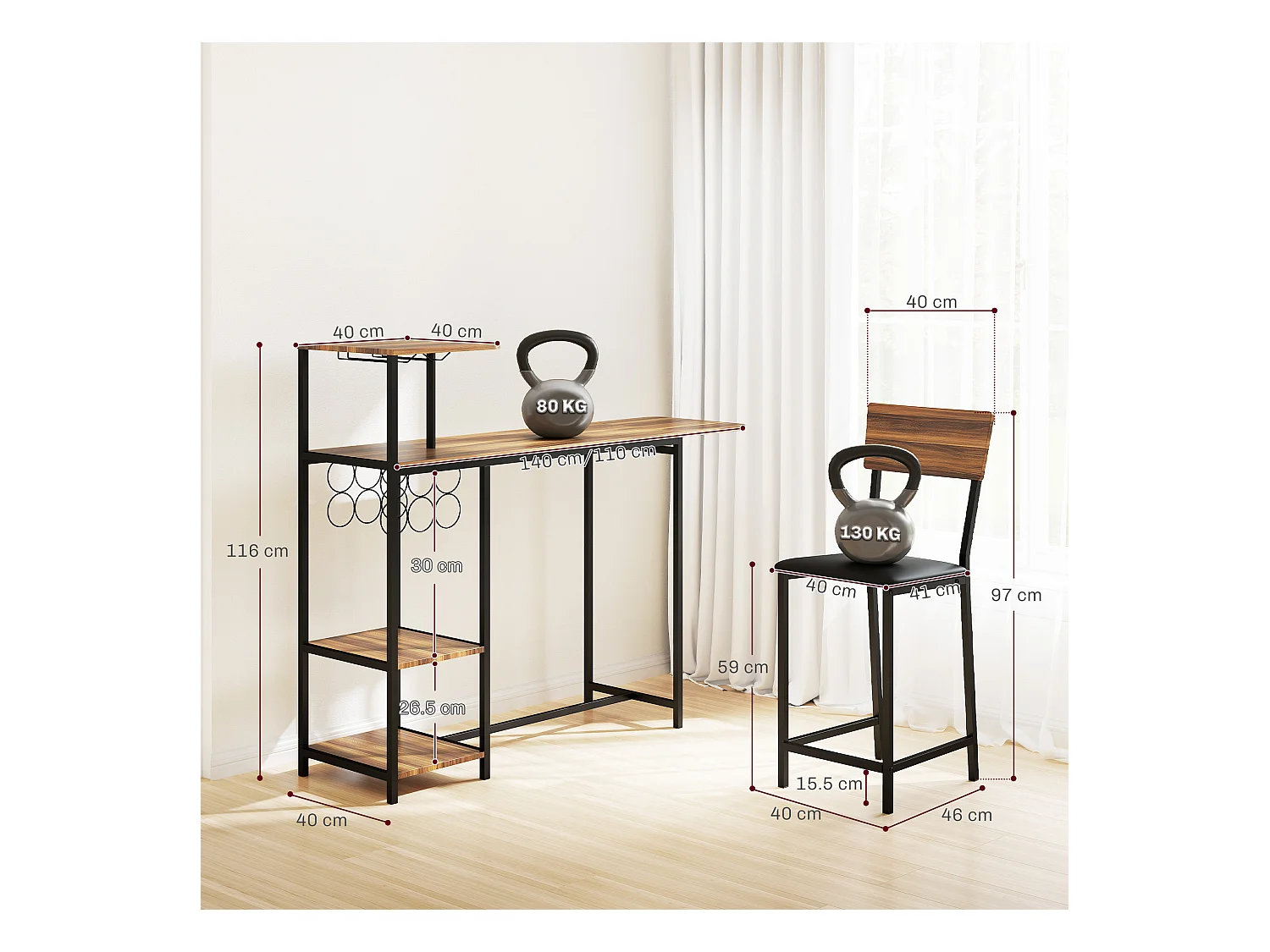 Set bancone bar pieghevole e 2 sgabelli con portavini e portacalici