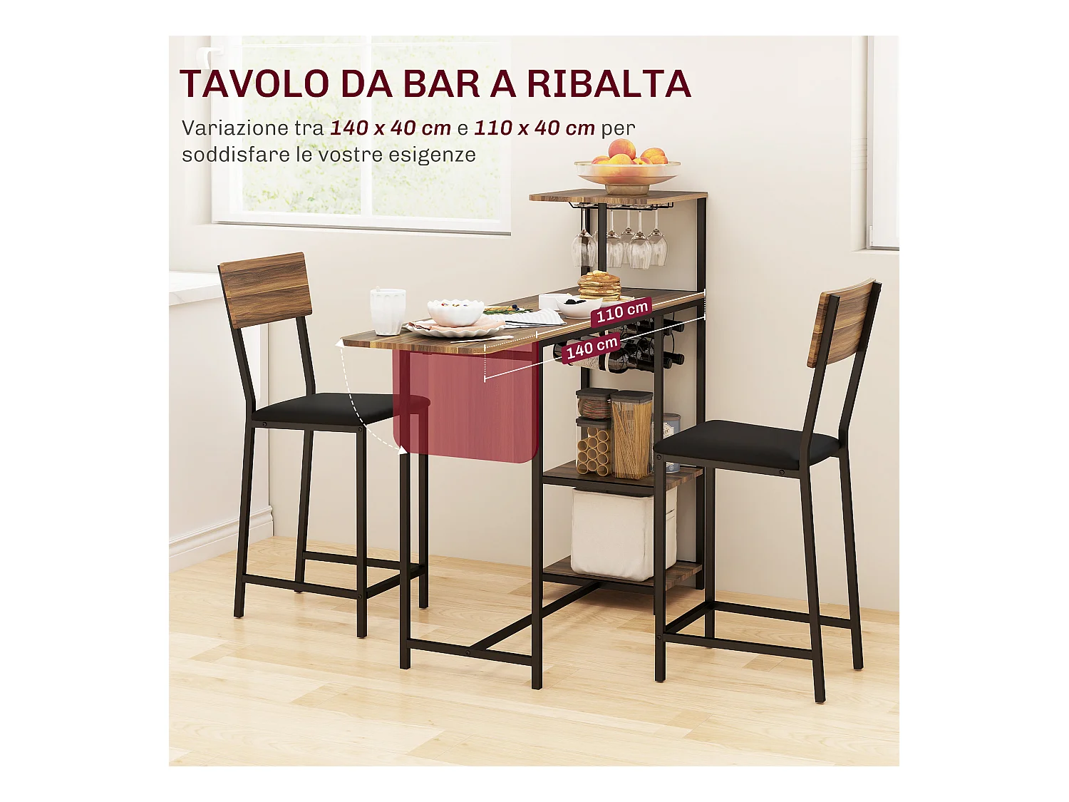 Set bancone bar pieghevole e 2 sgabelli con portavini e portacalici