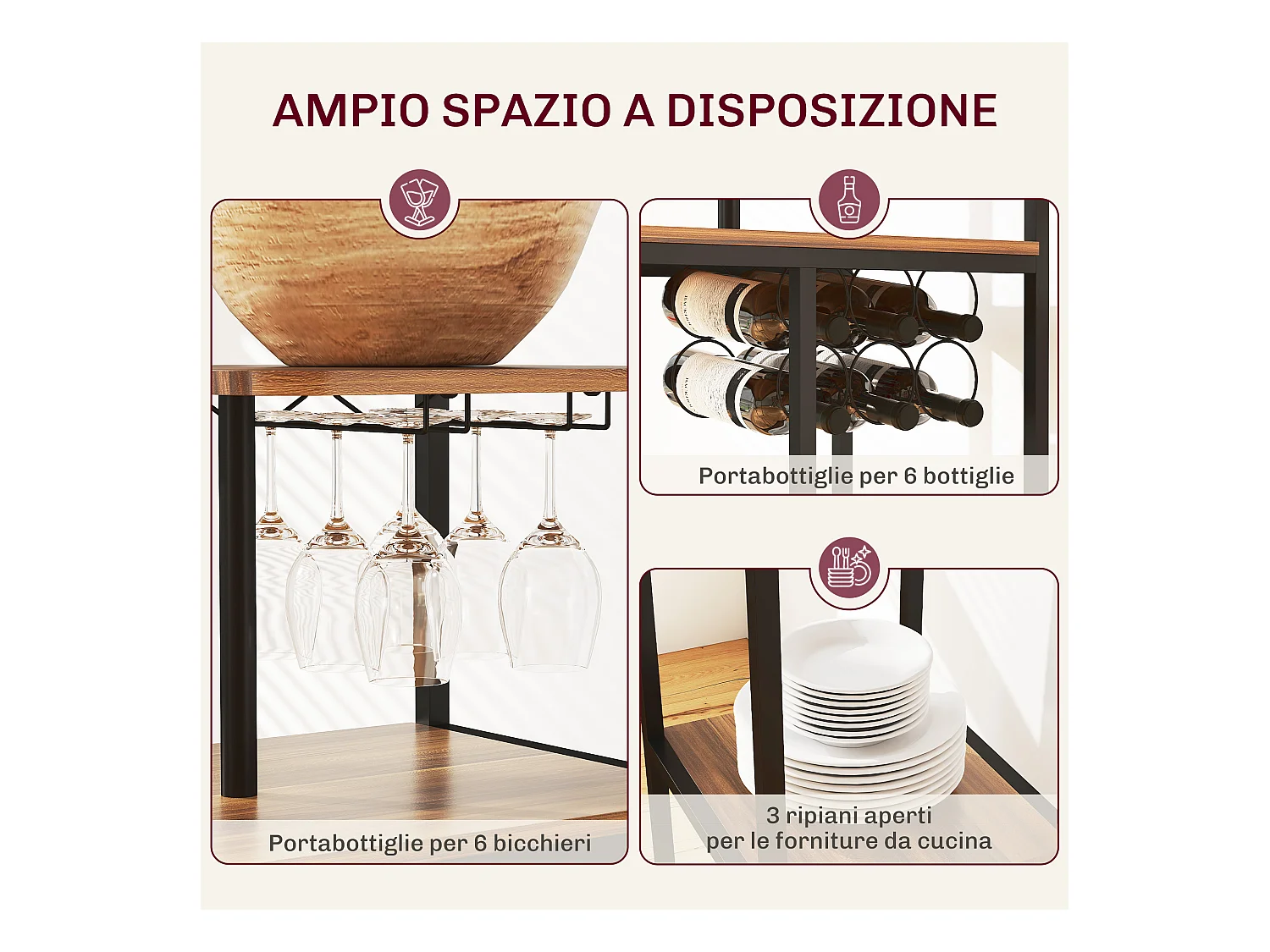 Set bancone bar pieghevole e 2 sgabelli con portavini e portacalici