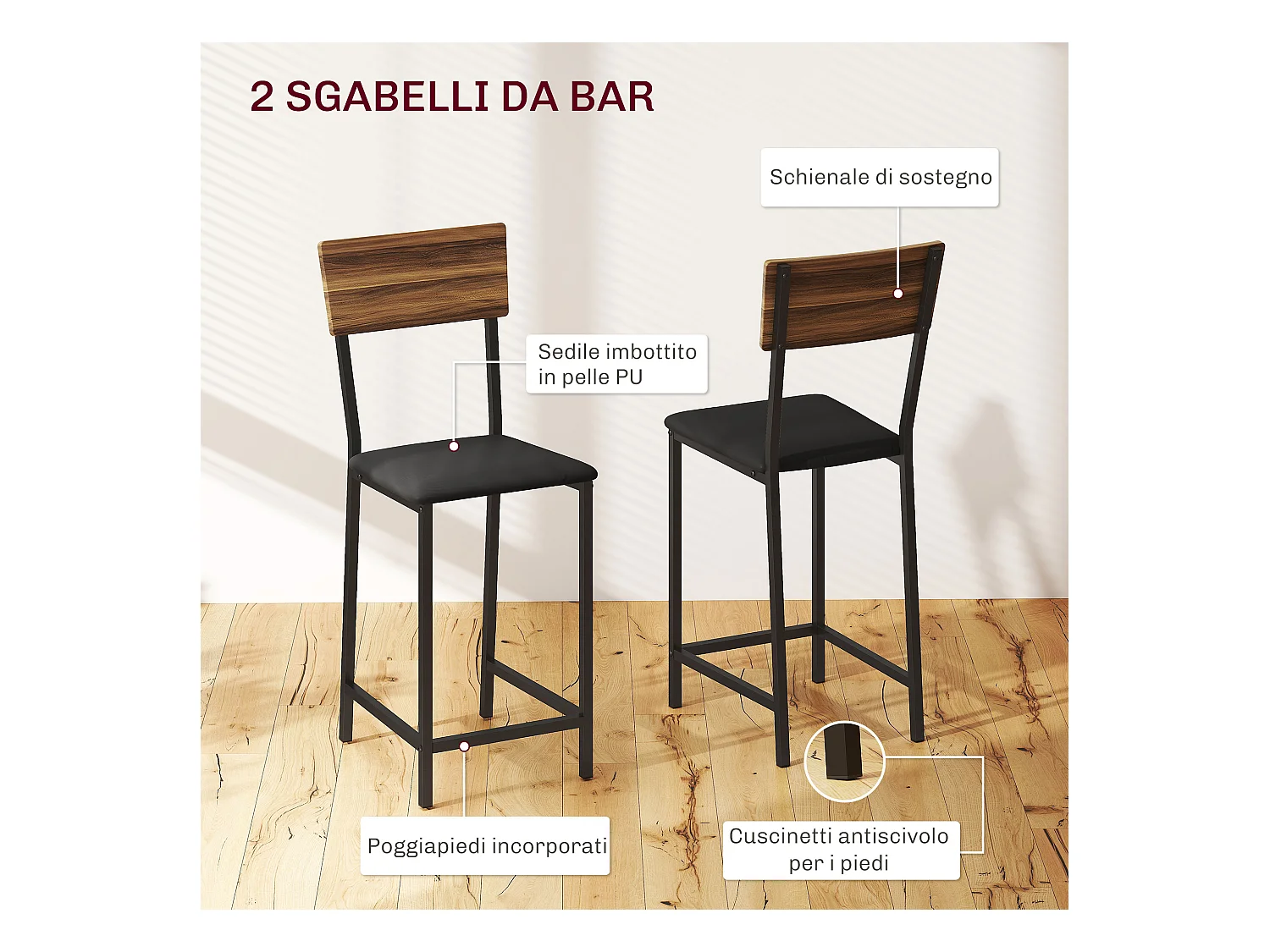 Set bancone bar pieghevole e 2 sgabelli con portavini e portacalici