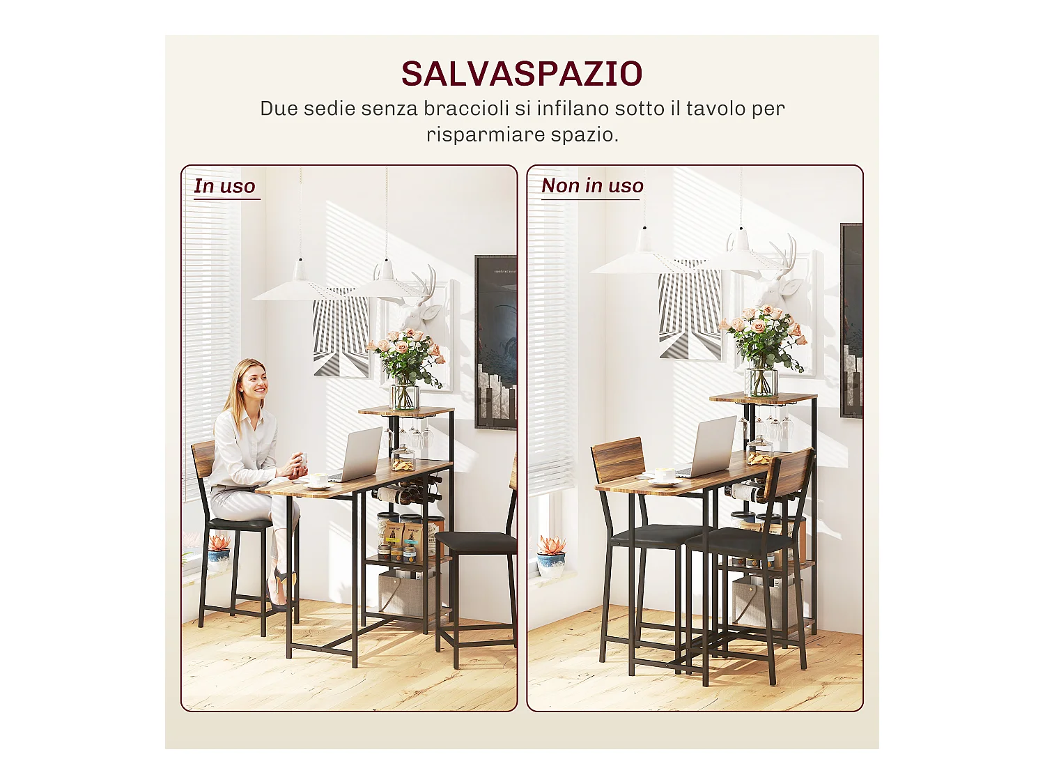 Set bancone bar pieghevole e 2 sgabelli con portavini e portacalici