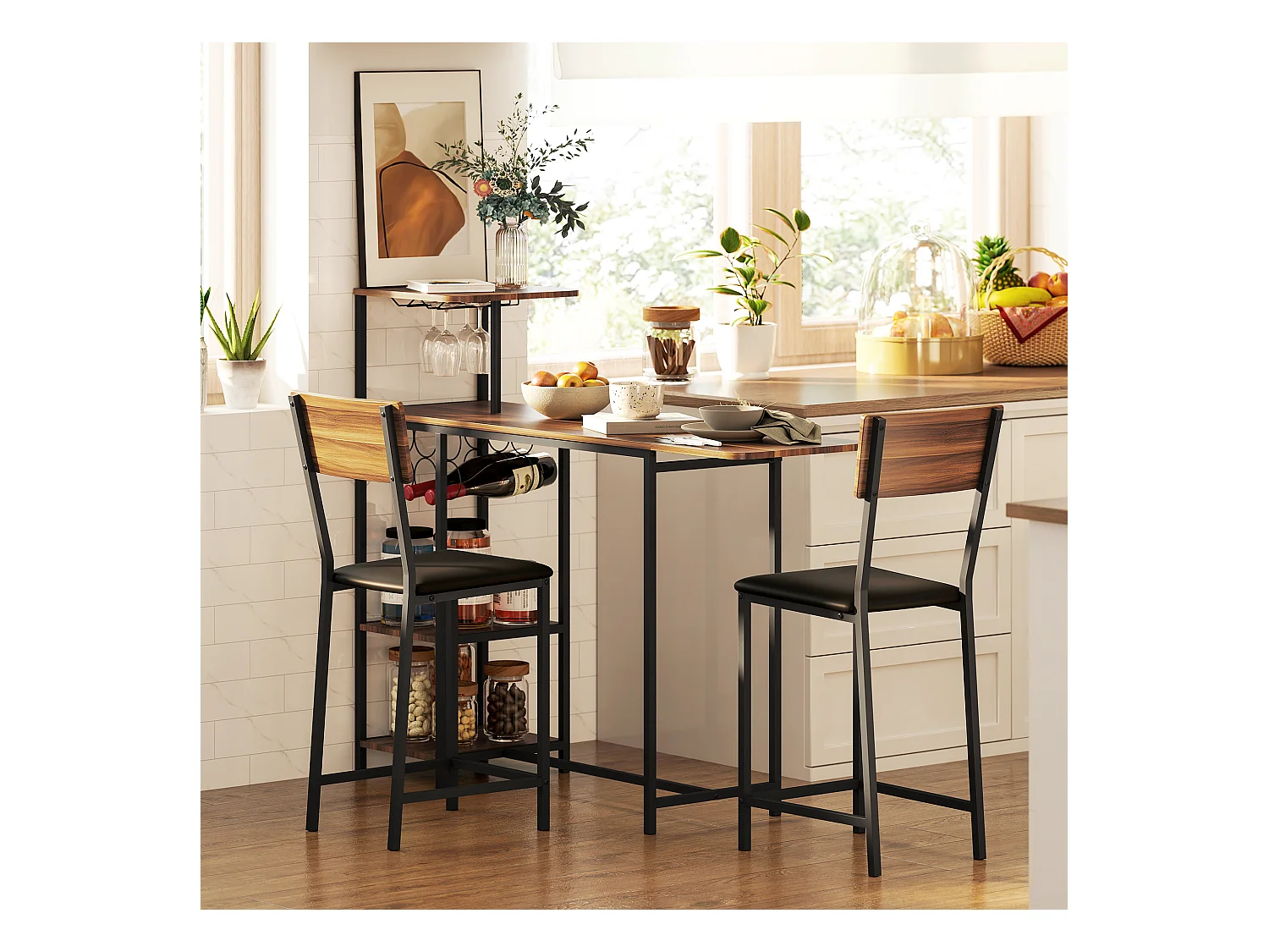 Set bancone bar pieghevole e 2 sgabelli con portavini e portacalici