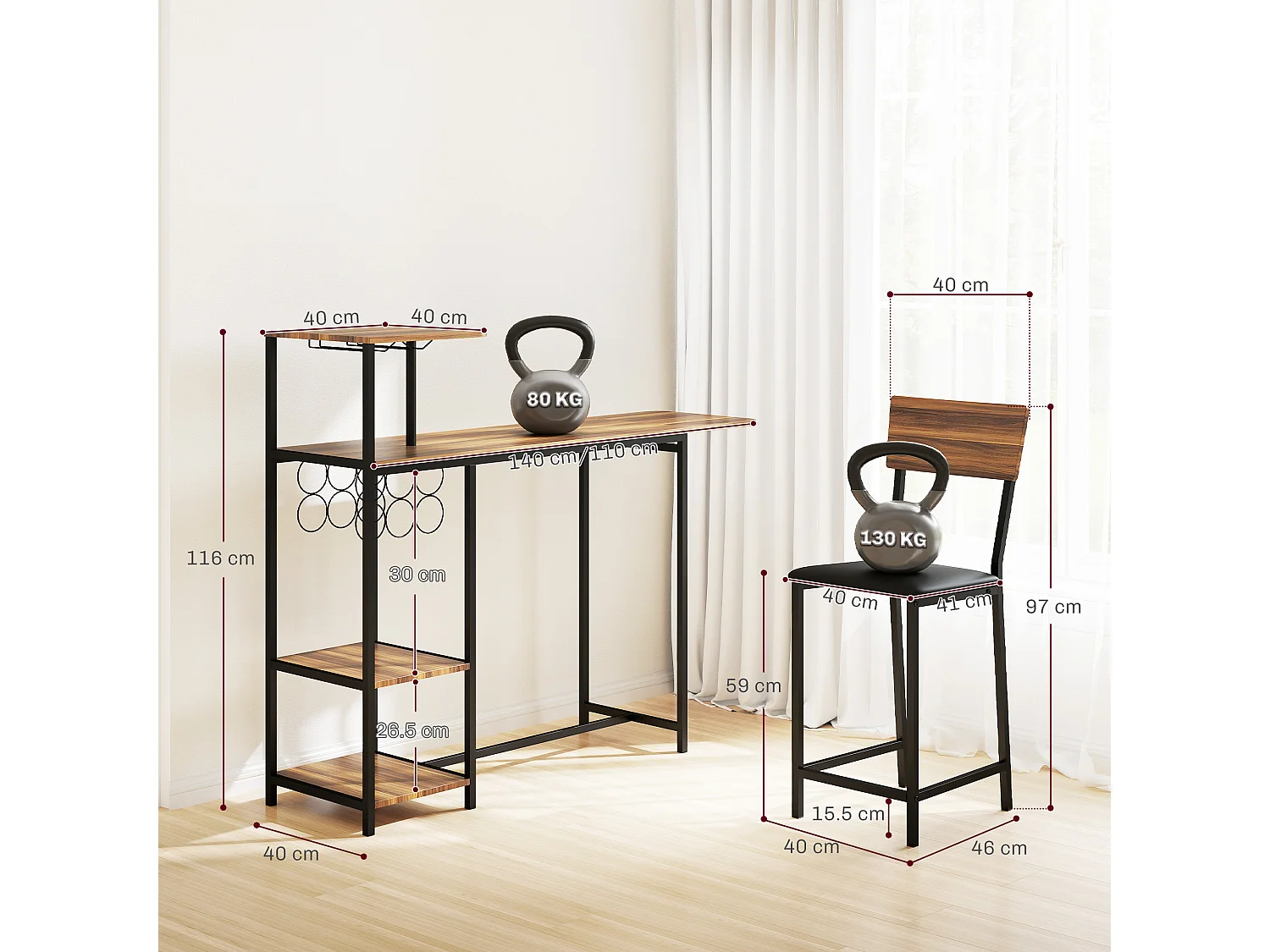 Set bancone bar pieghevole e 2 sgabelli con portavini e portacalici