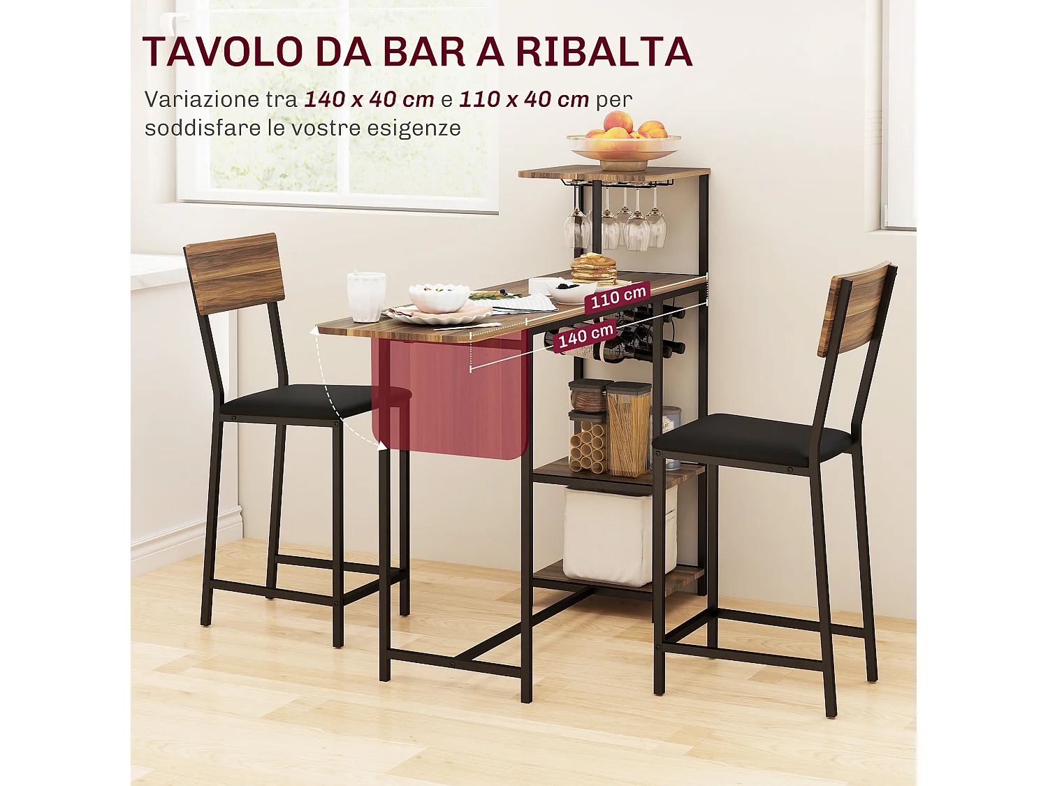 Set bancone bar pieghevole e 2 sgabelli con portavini e portacalici