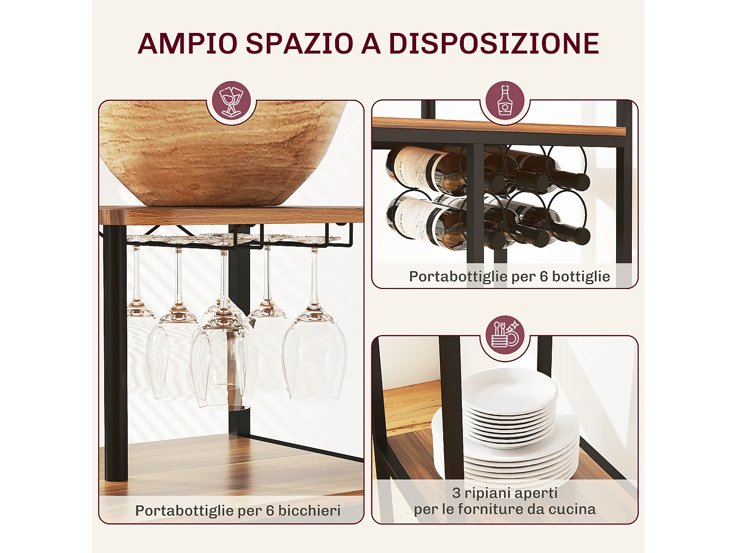 Set bancone bar pieghevole e 2 sgabelli con portavini e portacalici