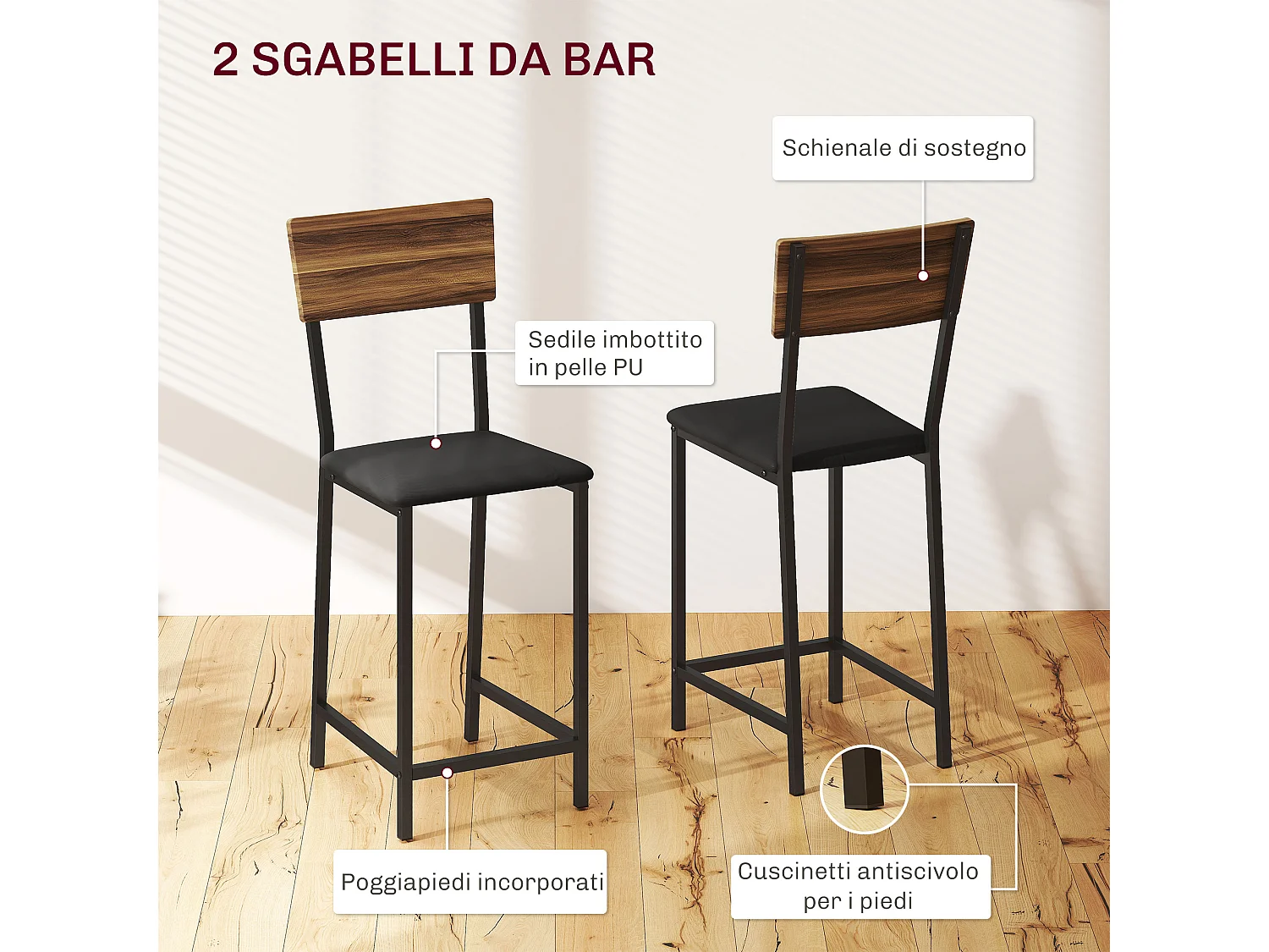 Set bancone bar pieghevole e 2 sgabelli con portavini e portacalici